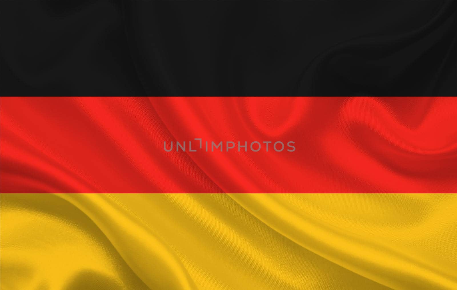 Flag of Germany country on wavy silk fabric background panorama by BEMPhoto