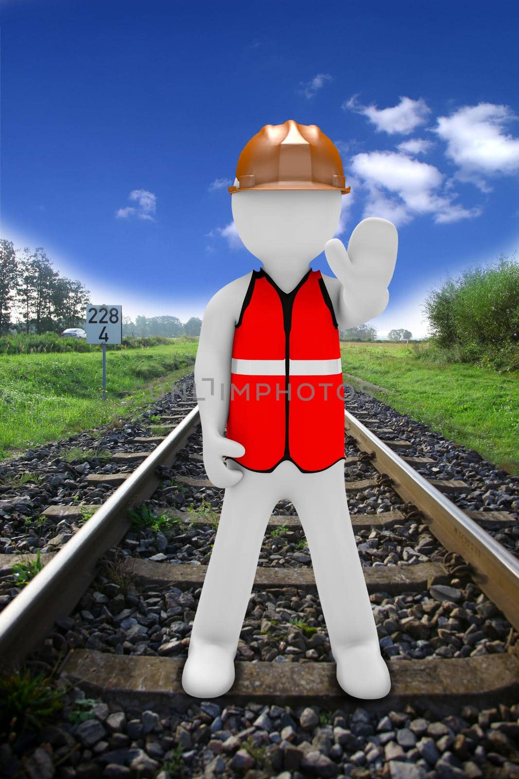 Little man stops the train on the railway