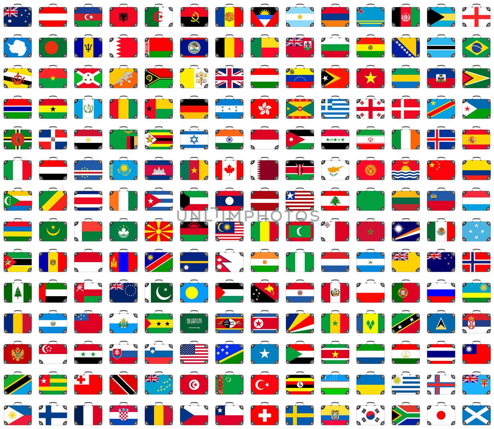 Flags of all countries in the form of travel suitcases - illustration
