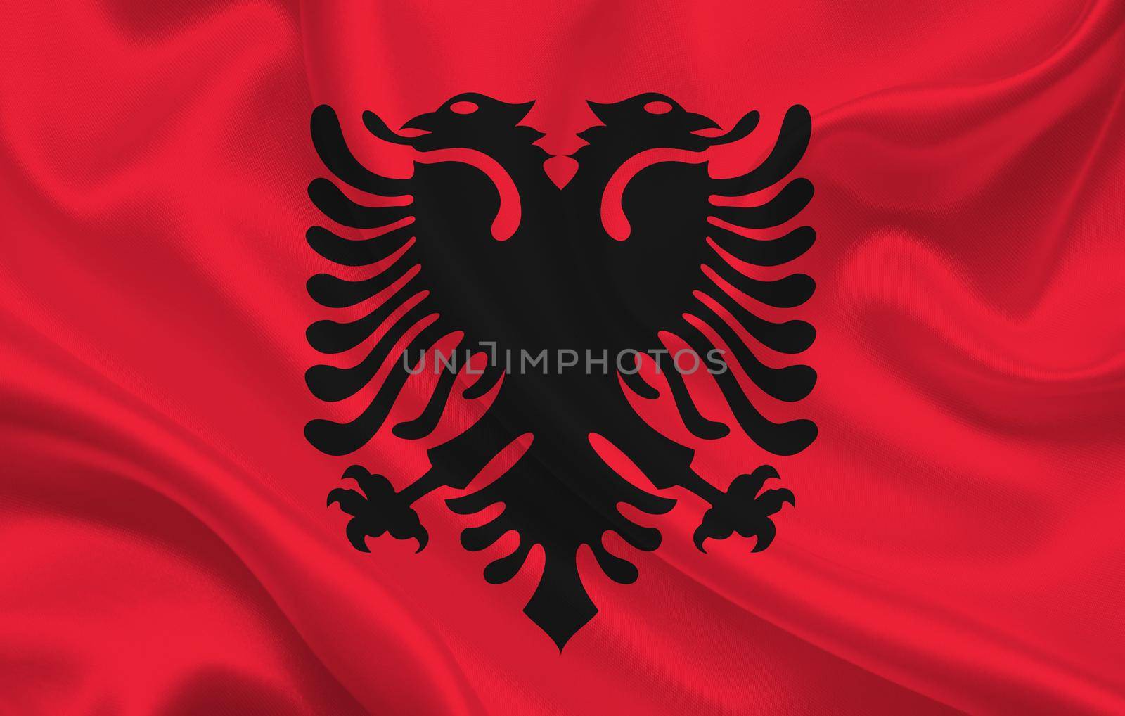 Flag of the country of Albania on a background of wavy silk fabric panorama