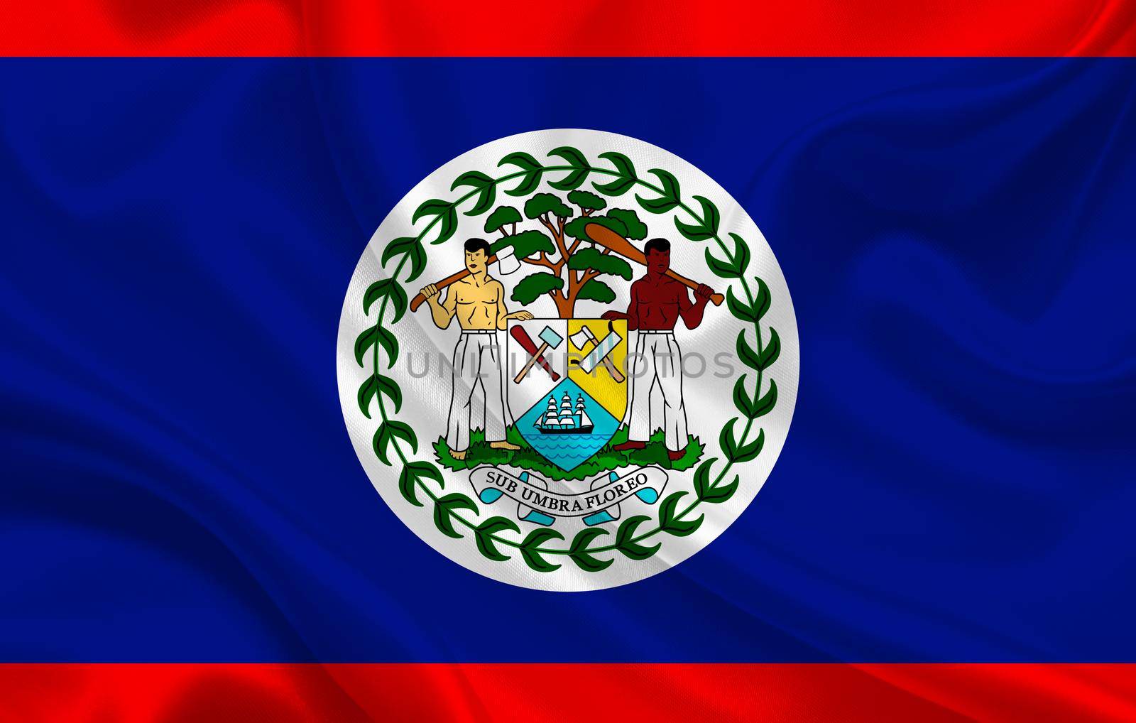 Belize country flag on wavy silk fabric background panorama - illustration