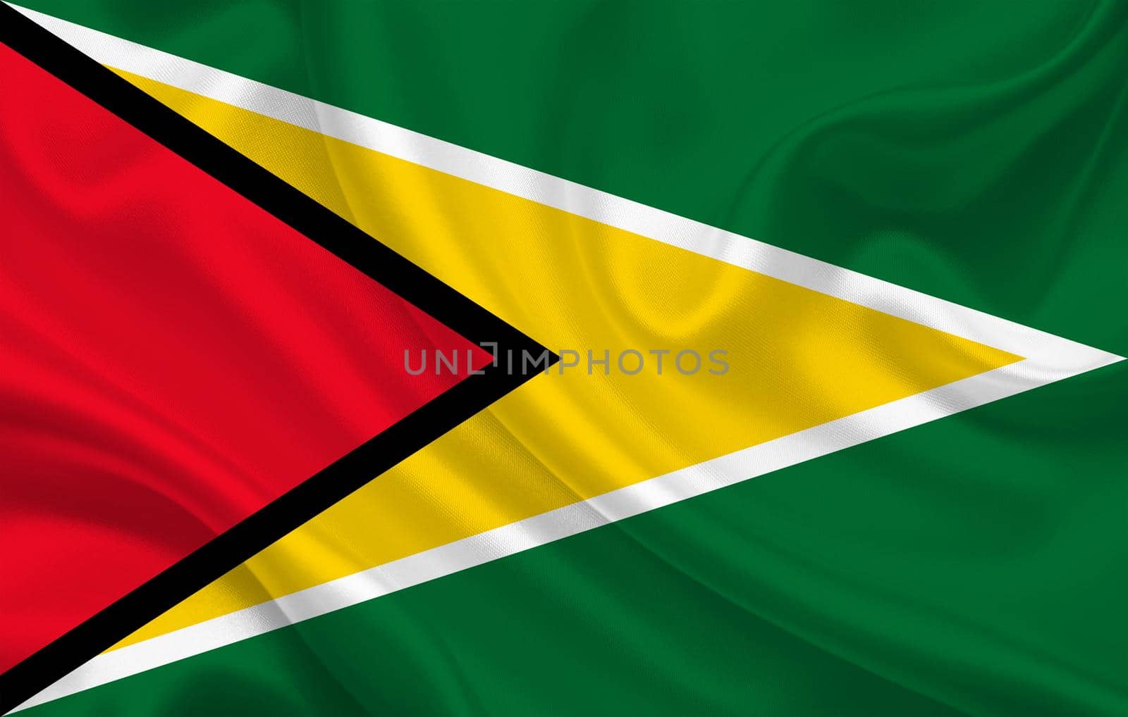 Guyana country flag on wavy silk fabric background panorama by BEMPhoto