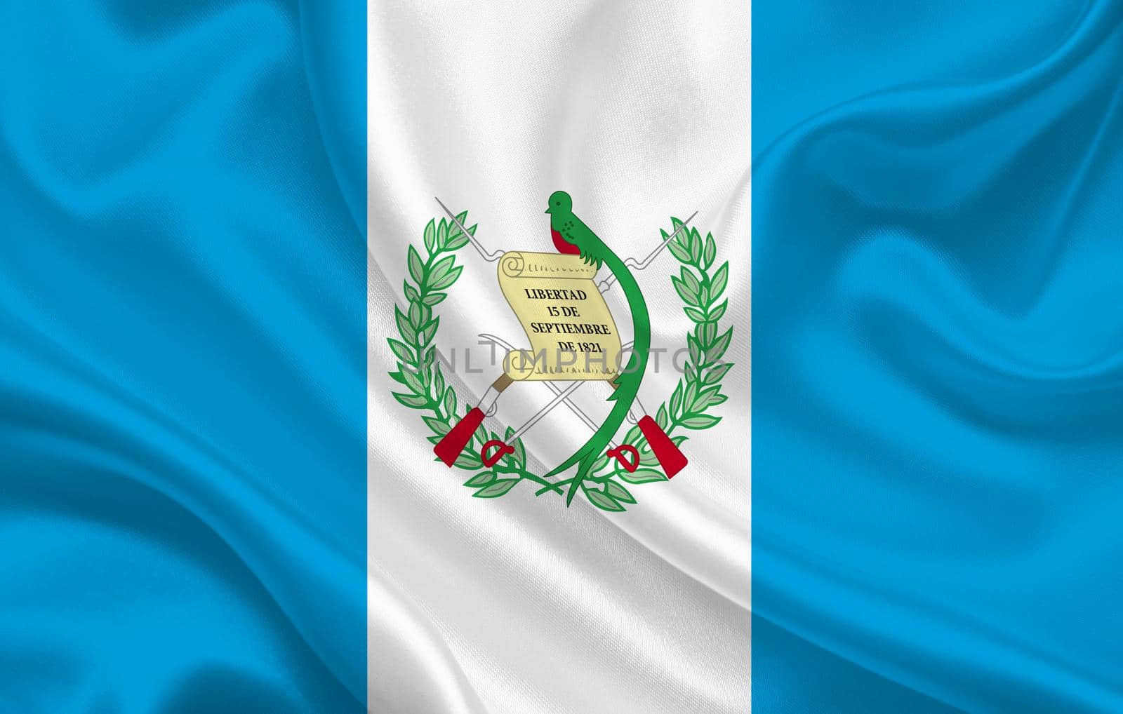 Guatemala country flag on wavy silk fabric background panorama by BEMPhoto