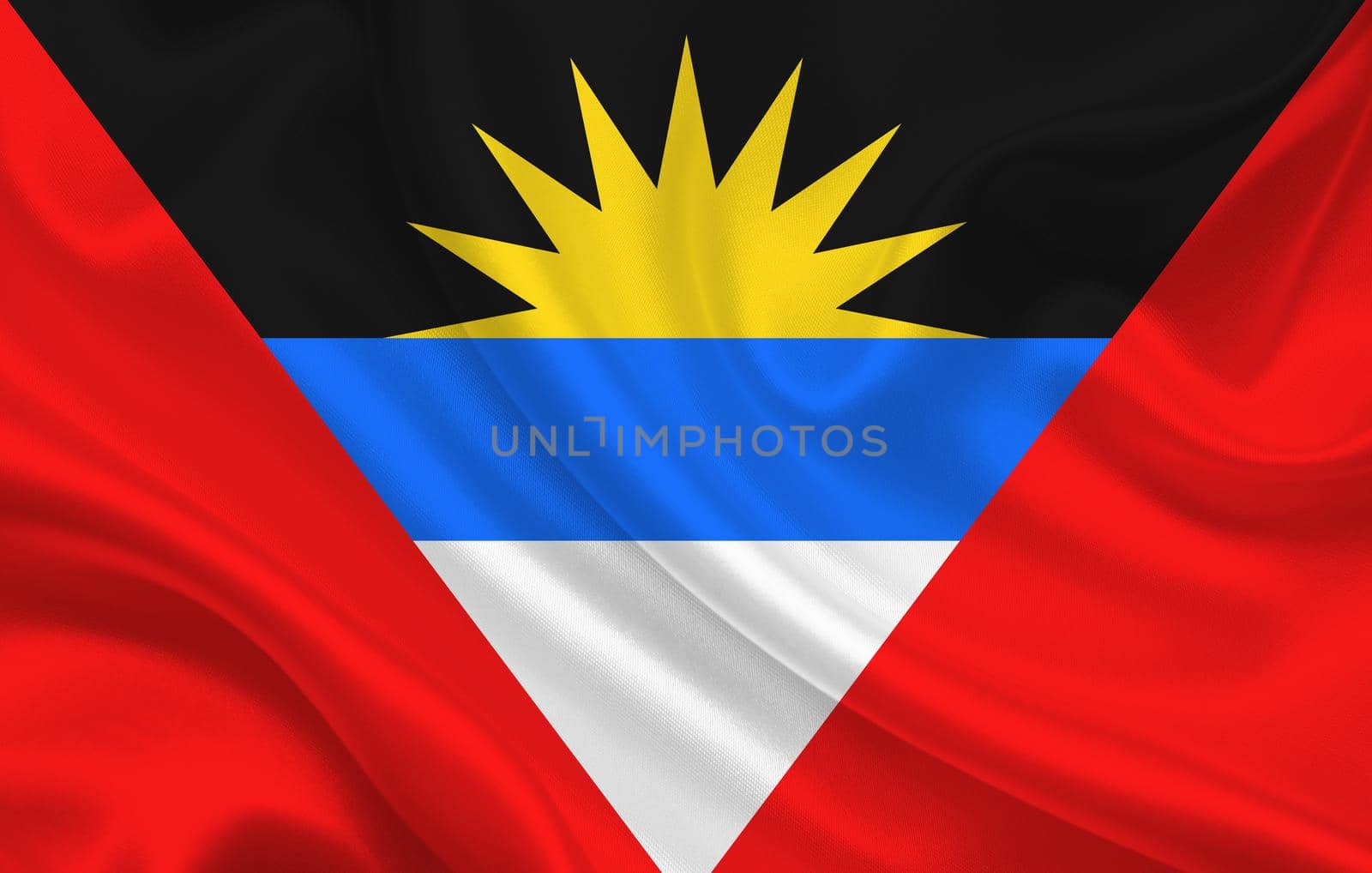Flag of the country of Antigua and Barbuda on a background of wavy silk fabric by BEMPhoto