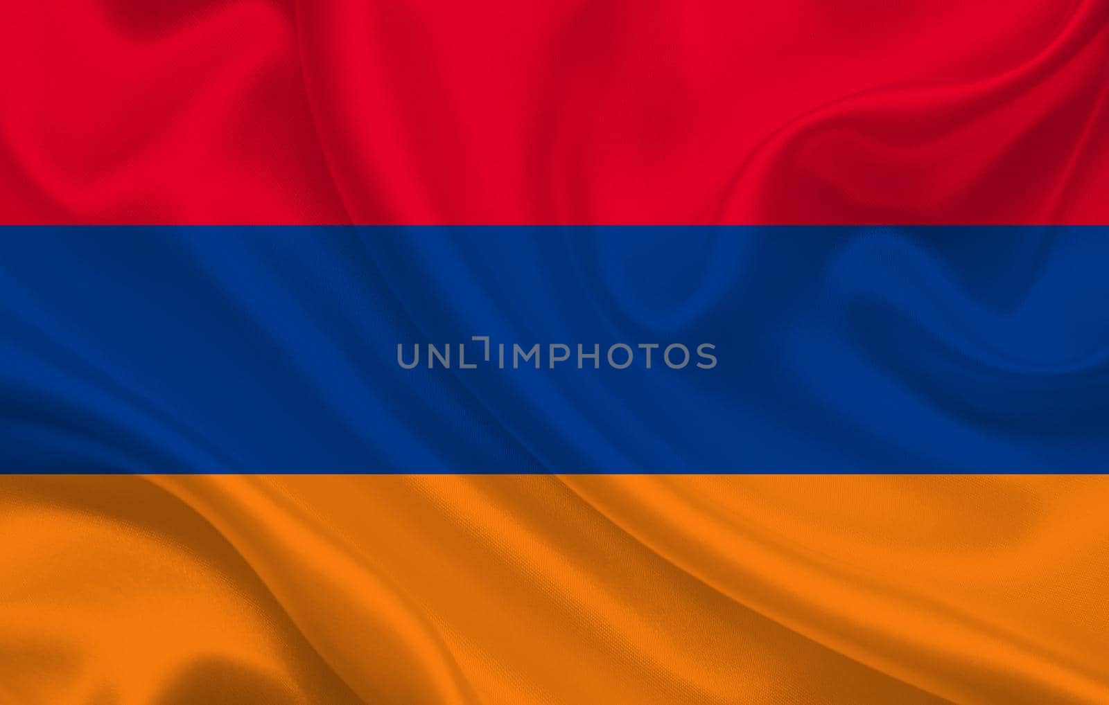 Flag of Armenia country on wavy silk fabric background panorama by BEMPhoto