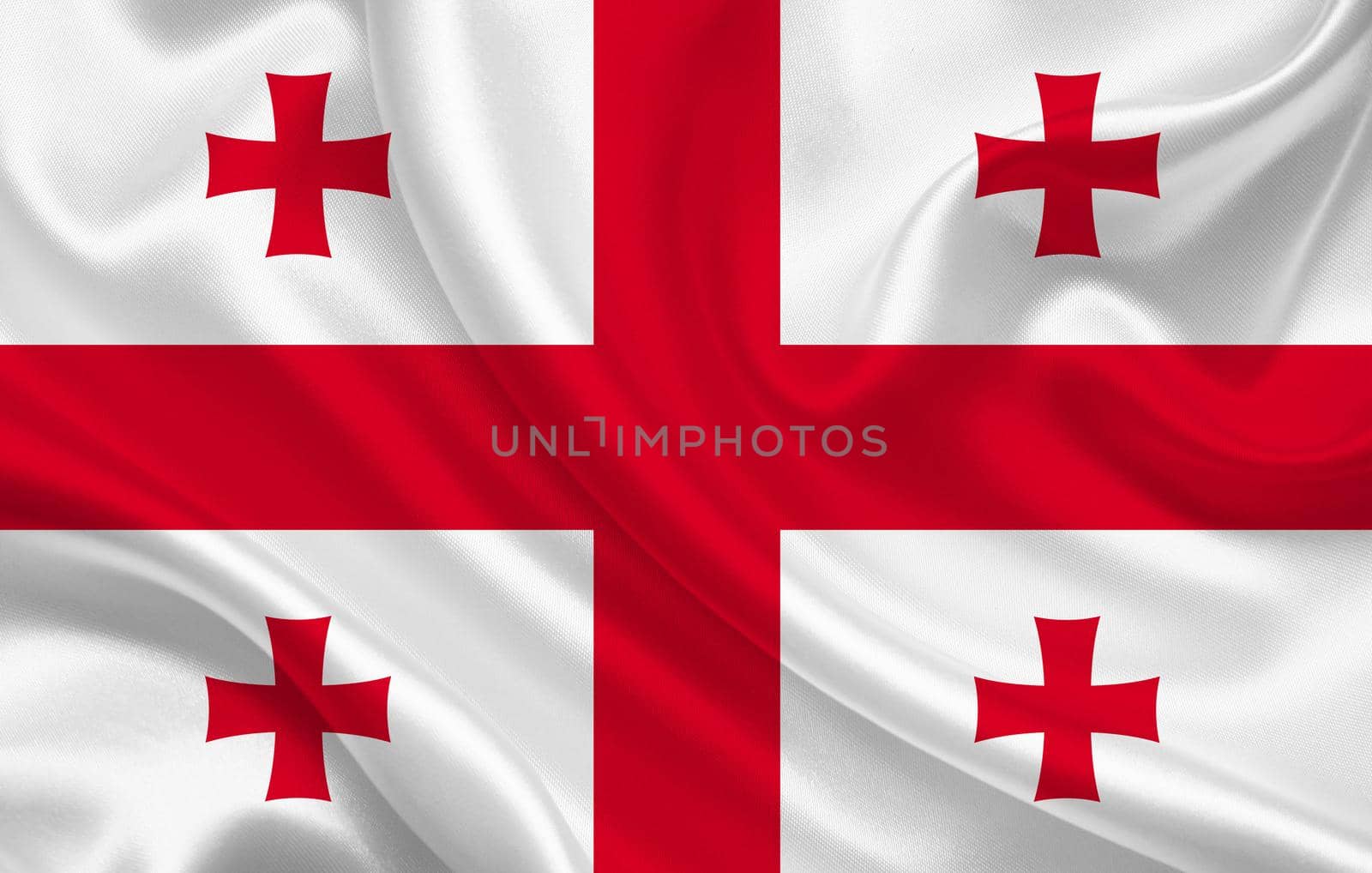 Georgia country flag on wavy silk fabric background panorama by BEMPhoto