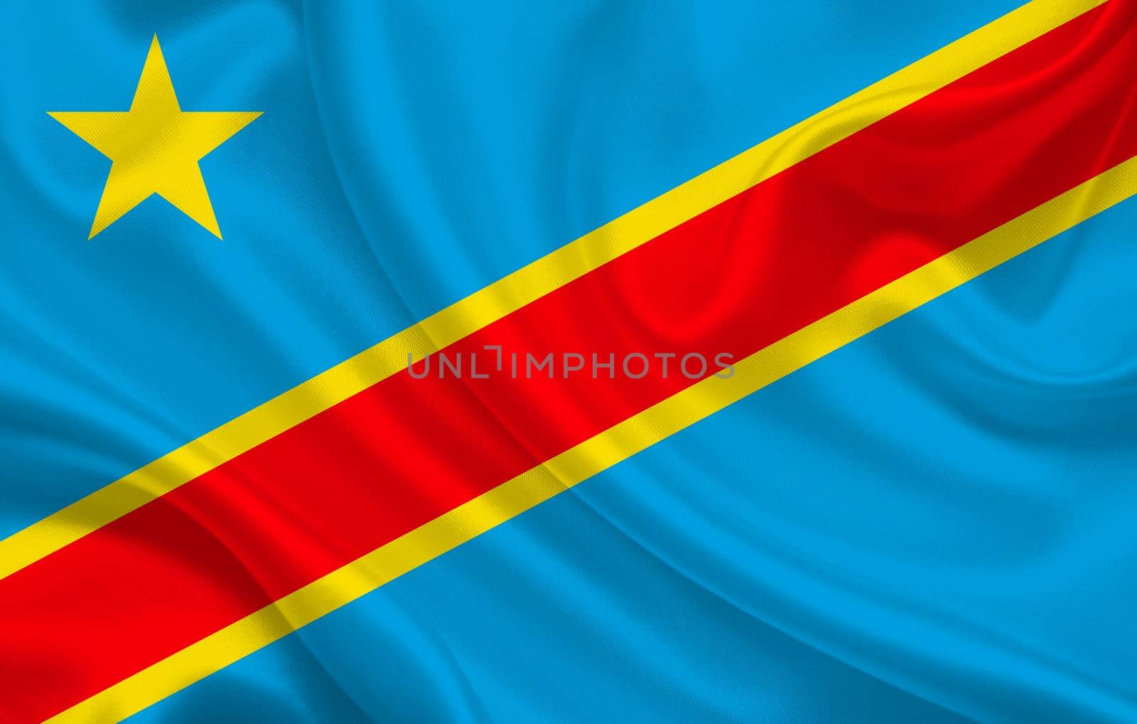 Flag of the country Democratic Republic of the Congo on a background of wavy silk fabric panorama by BEMPhoto