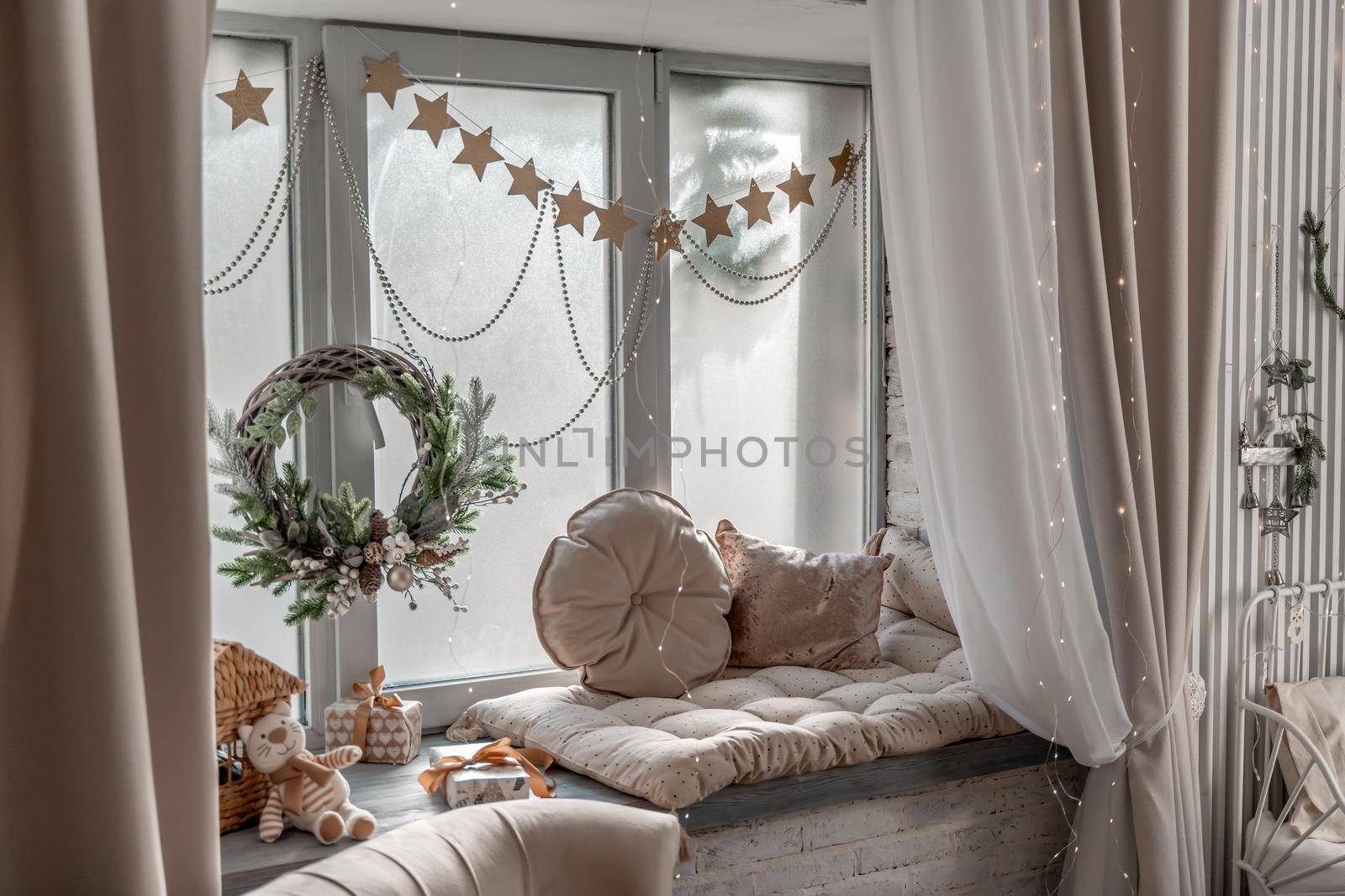 Window sill with New Year's elements - Christmas trees, decorations, Christmas balls. Merry Christmas and Happy New Year greeting card. Cozy background.