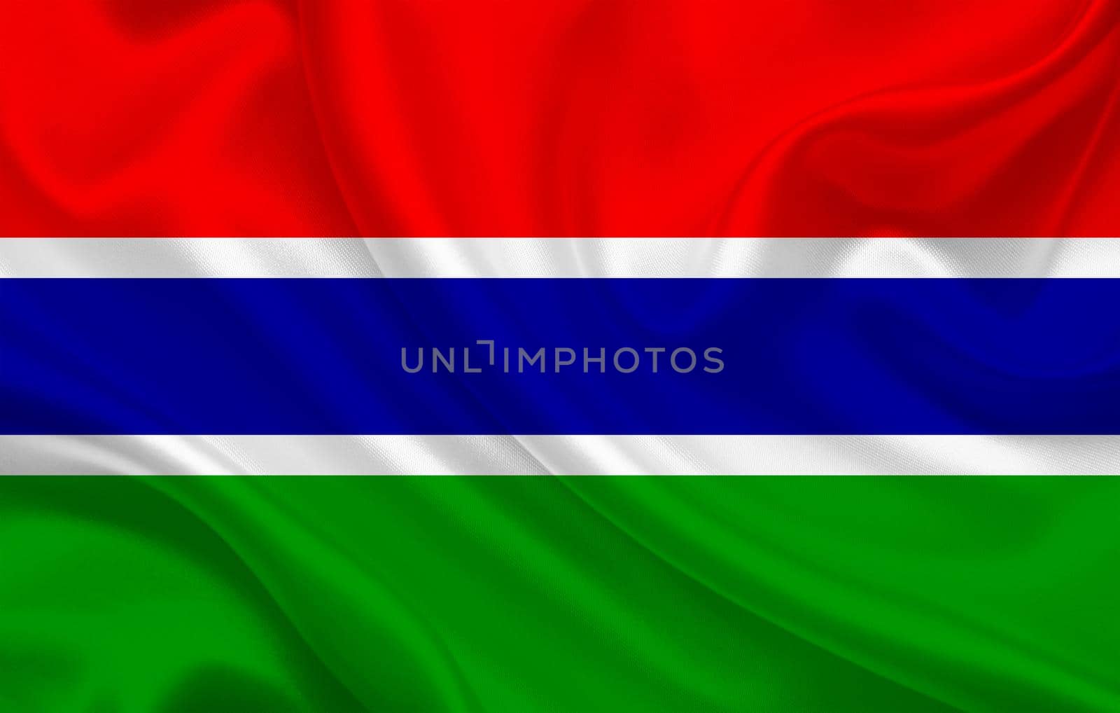 Gambia country flag on wavy silk fabric background panorama - illustration