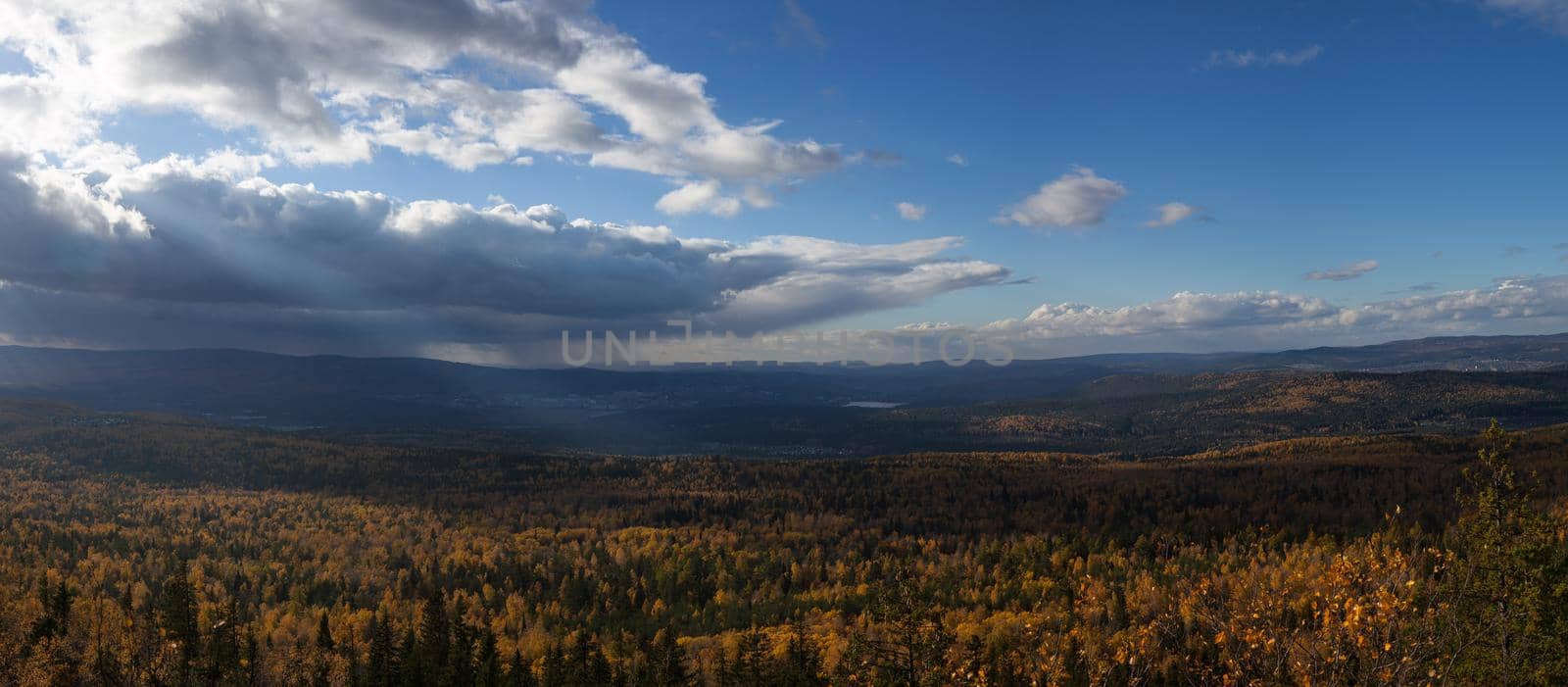 Autumn forest mountain landscape. View from the top of the mountain