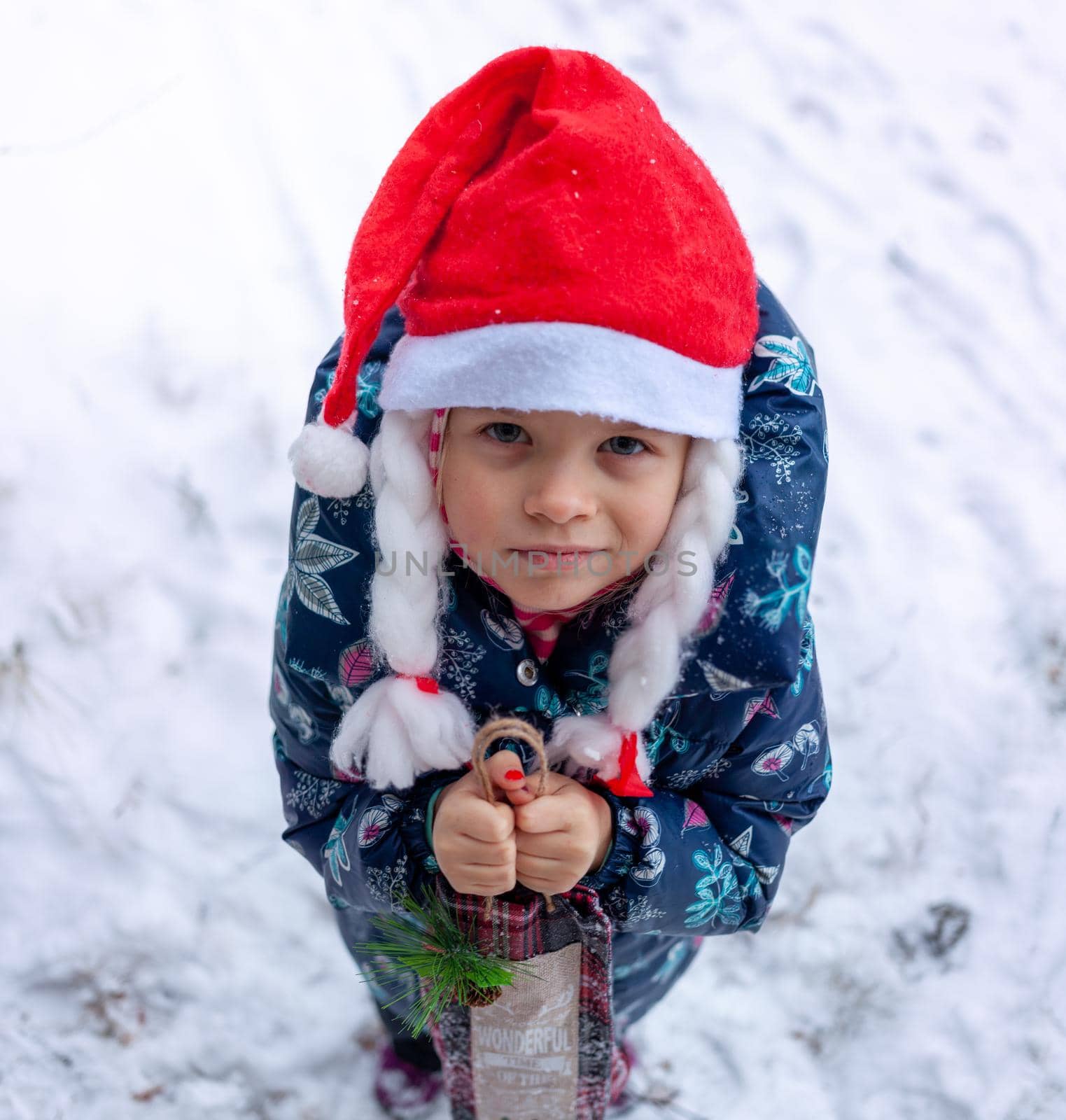 Girl looking like a gnome holding a christmas present. High quality photo