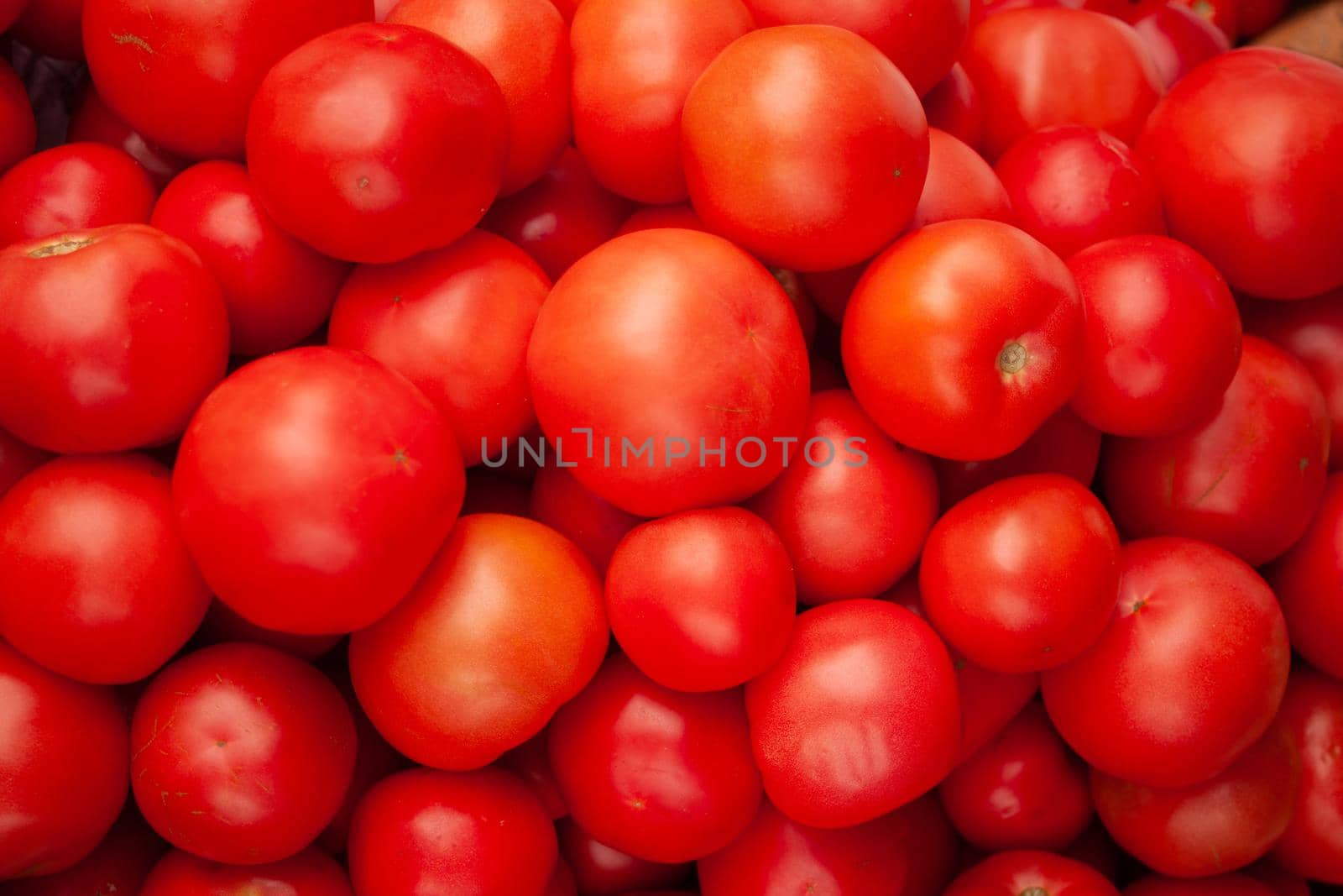 Ripe tomatoes flaunt on the counter of a grocery store. High quality photo