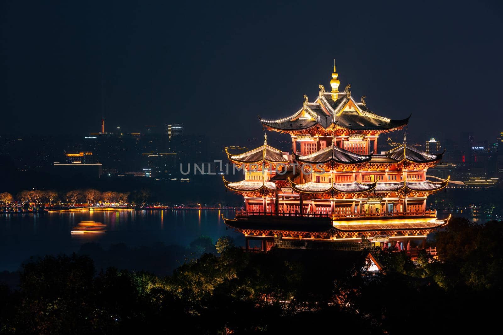 Night view of illuminated Cheng Huang Ge, also known as City God Pavillion, Hangzhou, China by zhu_zhu