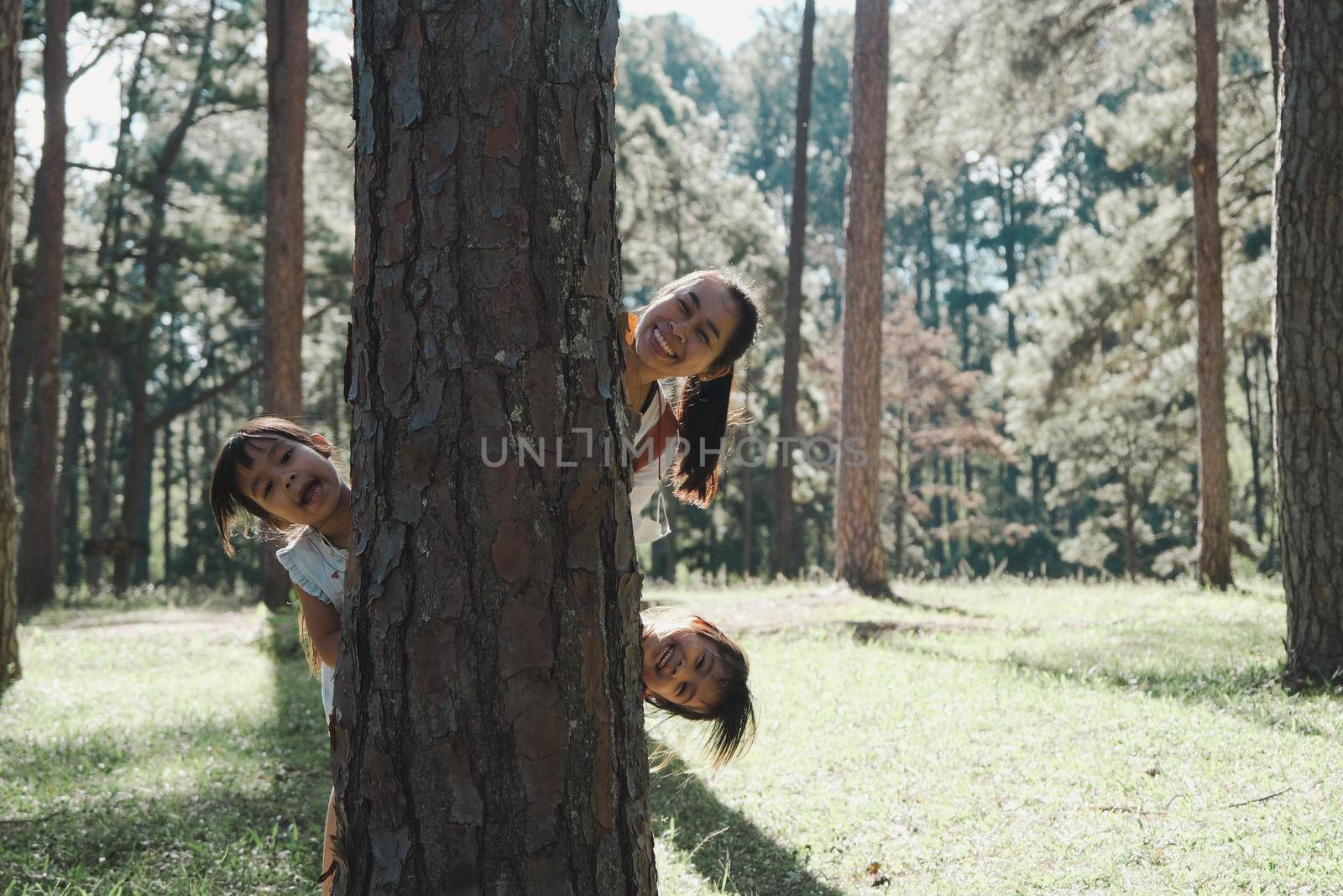 Cheerful mother and two little daughters peeking out from behind tree in a park. Happy family hiding behind a tree in a summer day. Love nature concept. by TEERASAK