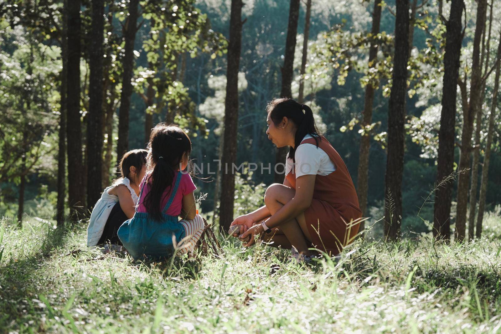 Mother and two daughters collecting firewood and kindling bonfire at camping place in forest. Family and children making campfire on nature woods. Family camping, spending time together on vacation. by TEERASAK