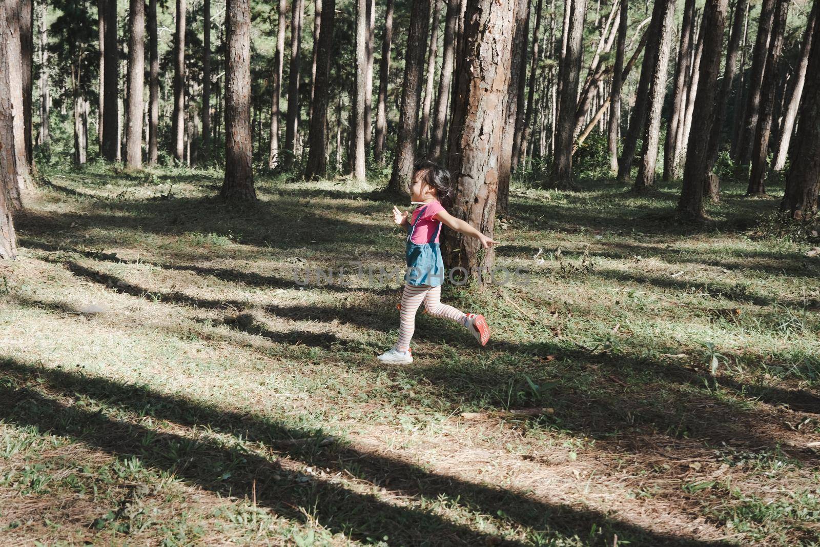 Active little girls running in the pine forest on a warm summer day. Happy girl smiles and laughs while spending time with her family in the park on vacation. by TEERASAK