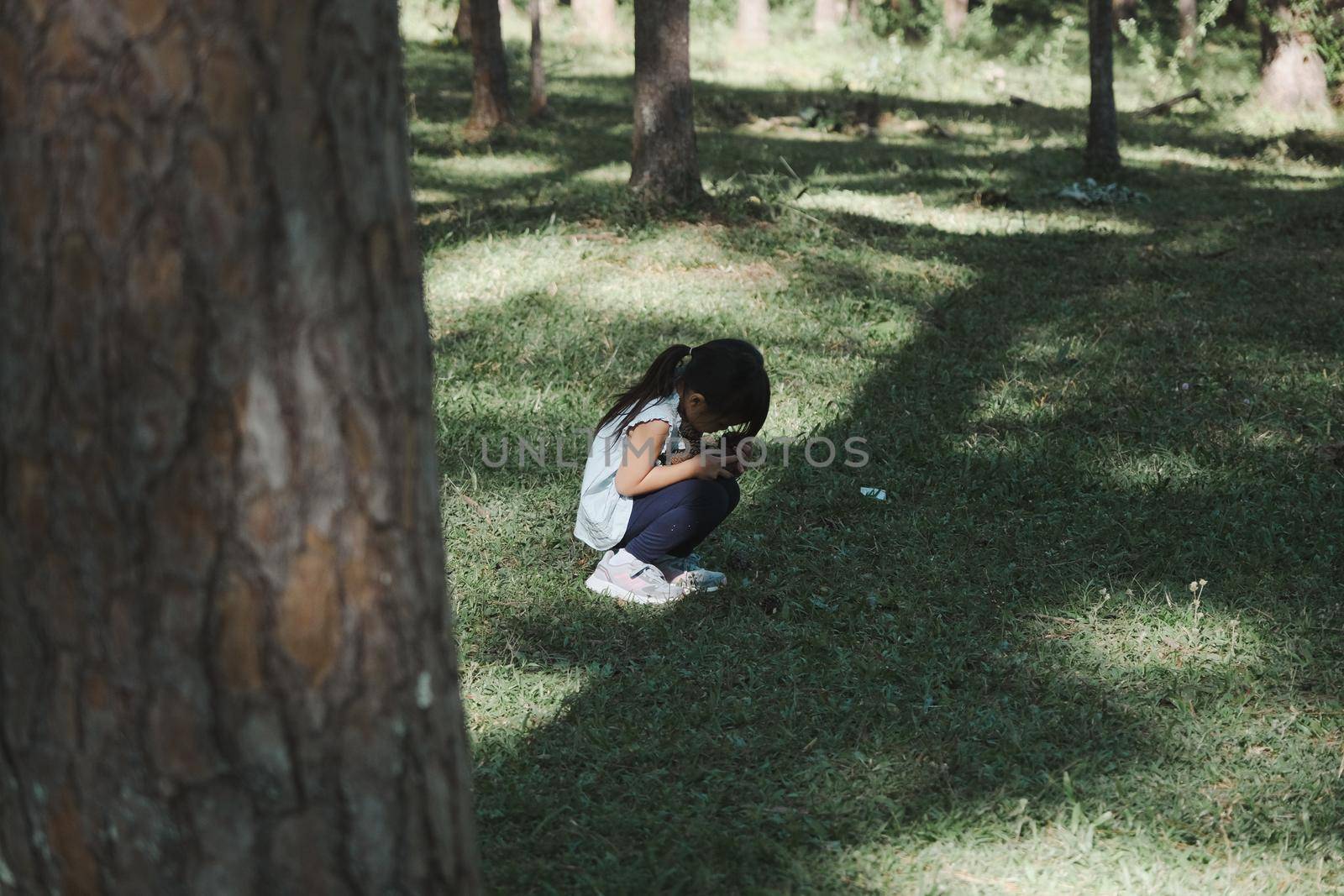 Cute little girl sits on the grass with her eyes closed while playing hide and seek with her family in the park. Happy child spending time with her family on vacation. by TEERASAK
