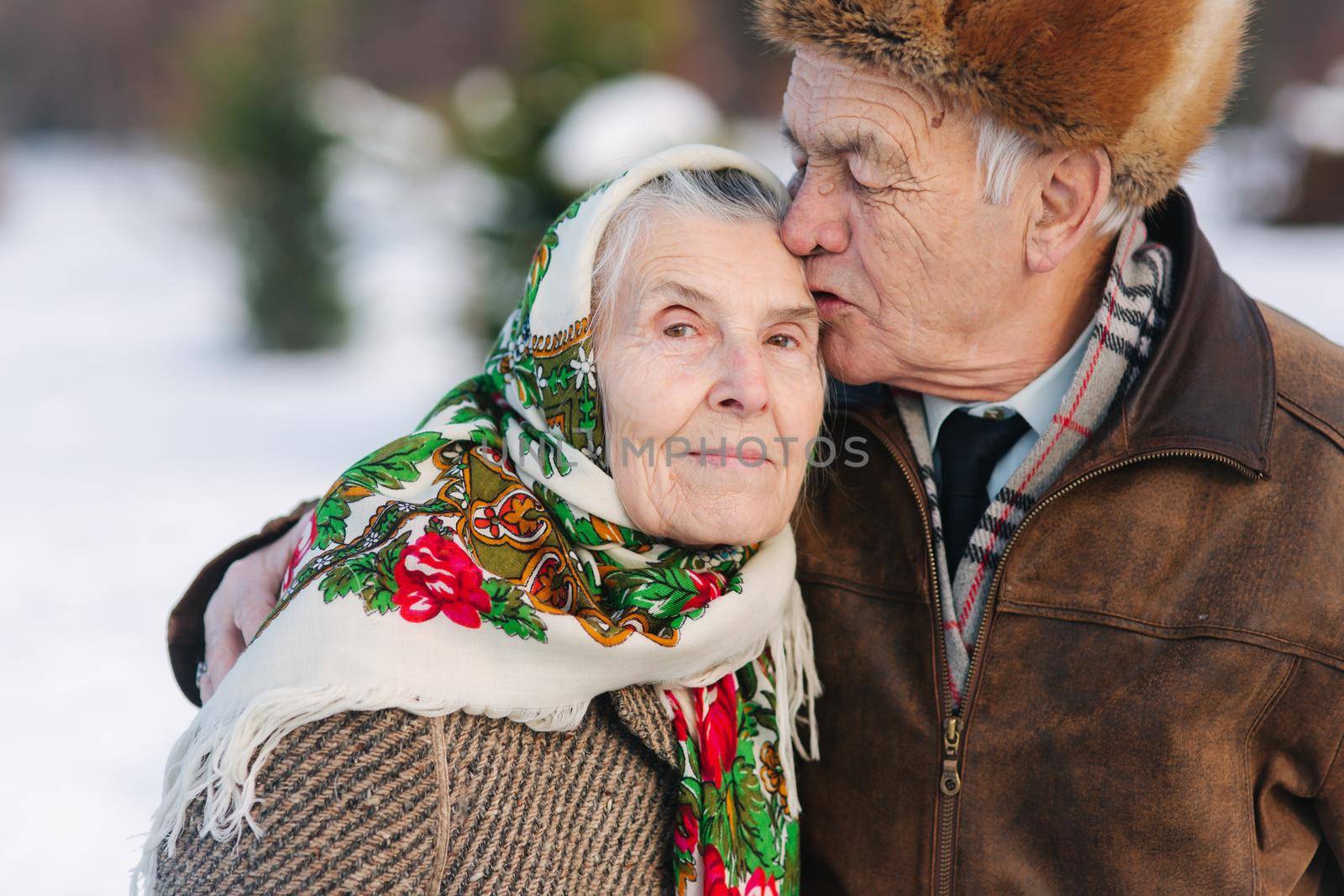 Portrait of senior couple. Elderly man kiss his wife in weighty. old couple walking in the park in winter time. Happy family. Gold wedding.