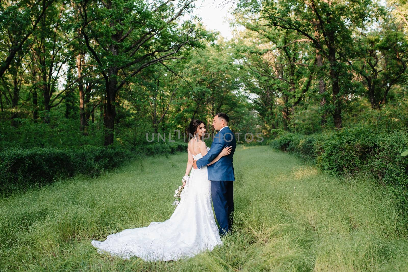 A couple in love a guy and a girl on a walk in the forest belt