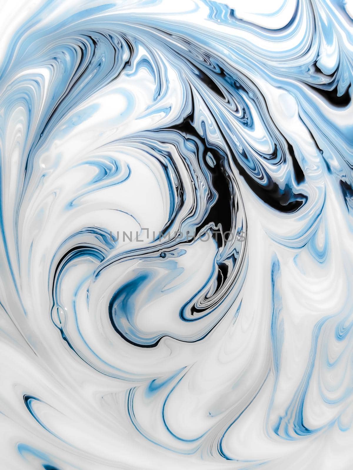 Background of an abstract blue-and-white drawing, multi-layer pattern of mixed paint, curved lines close up, soft focus