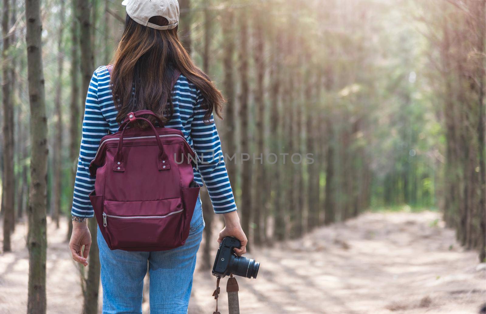 Young female woman lifestyle photographer travel taking photo in forest nature with backpack and copy space.