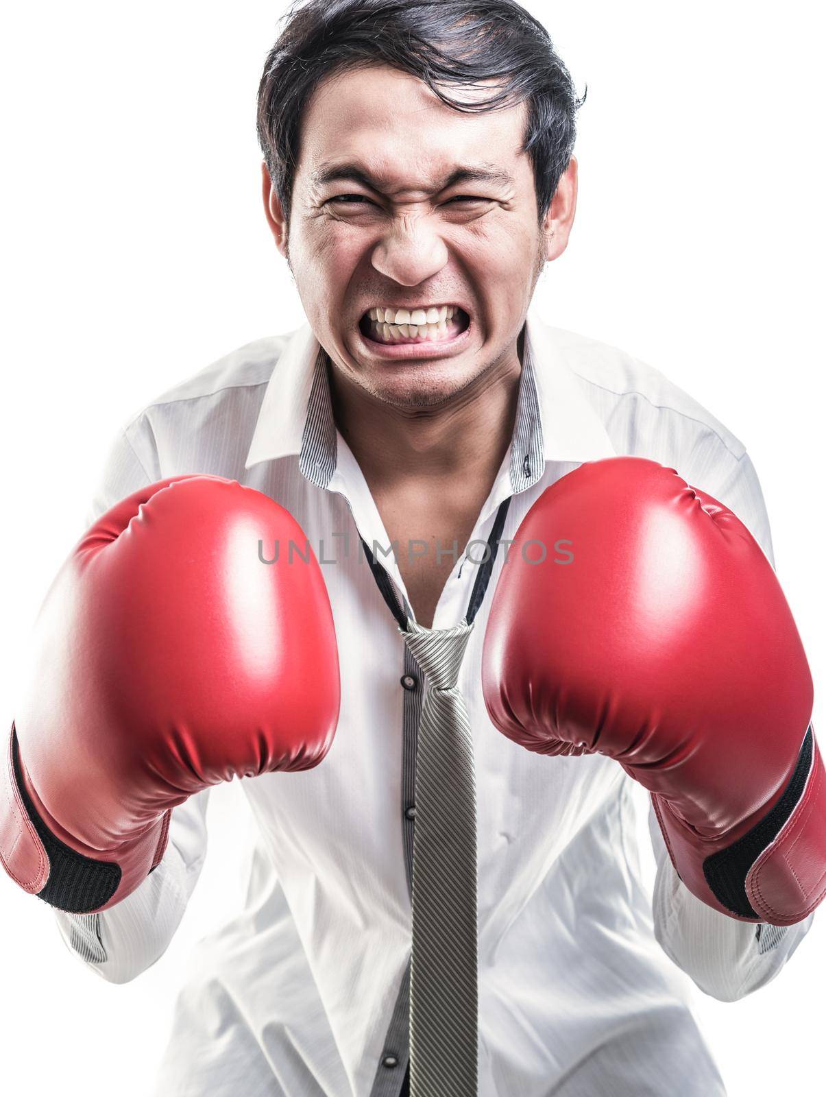Portrait angry businessman with boxing gloves by Sorapop