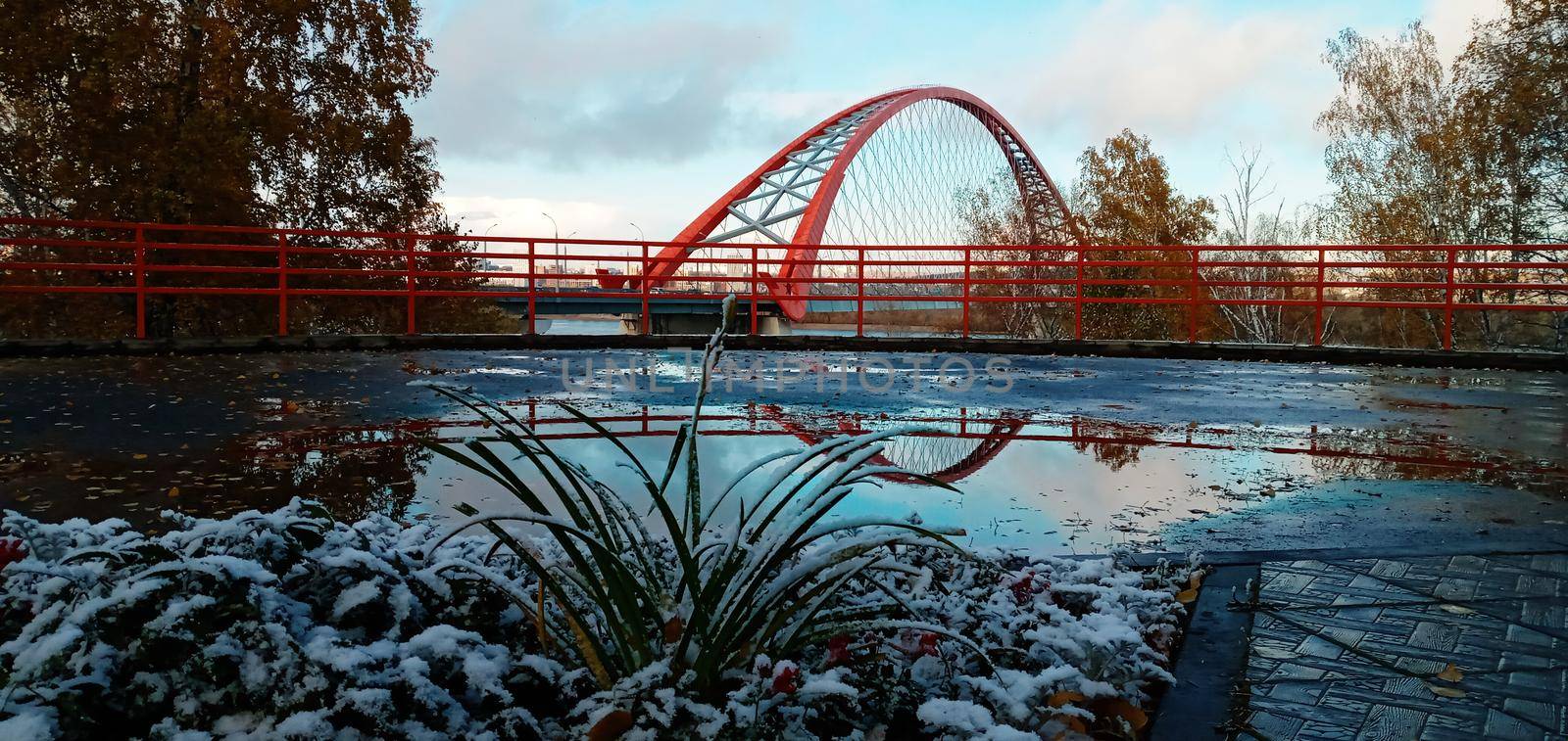 Red arch of the cable-stayed suspension bridge over the wide Ob River. Novosibirsk, Russia. by Rina_Dozornaya