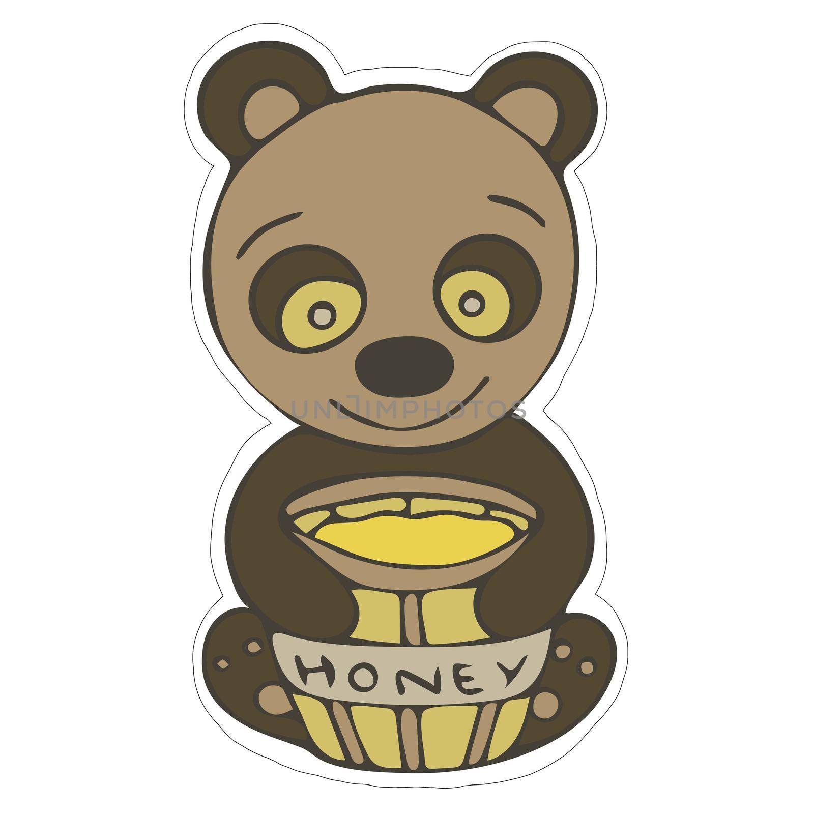 Hand-drawn Cute Bear with Honey Sticker. Isolated Bear on White Background.