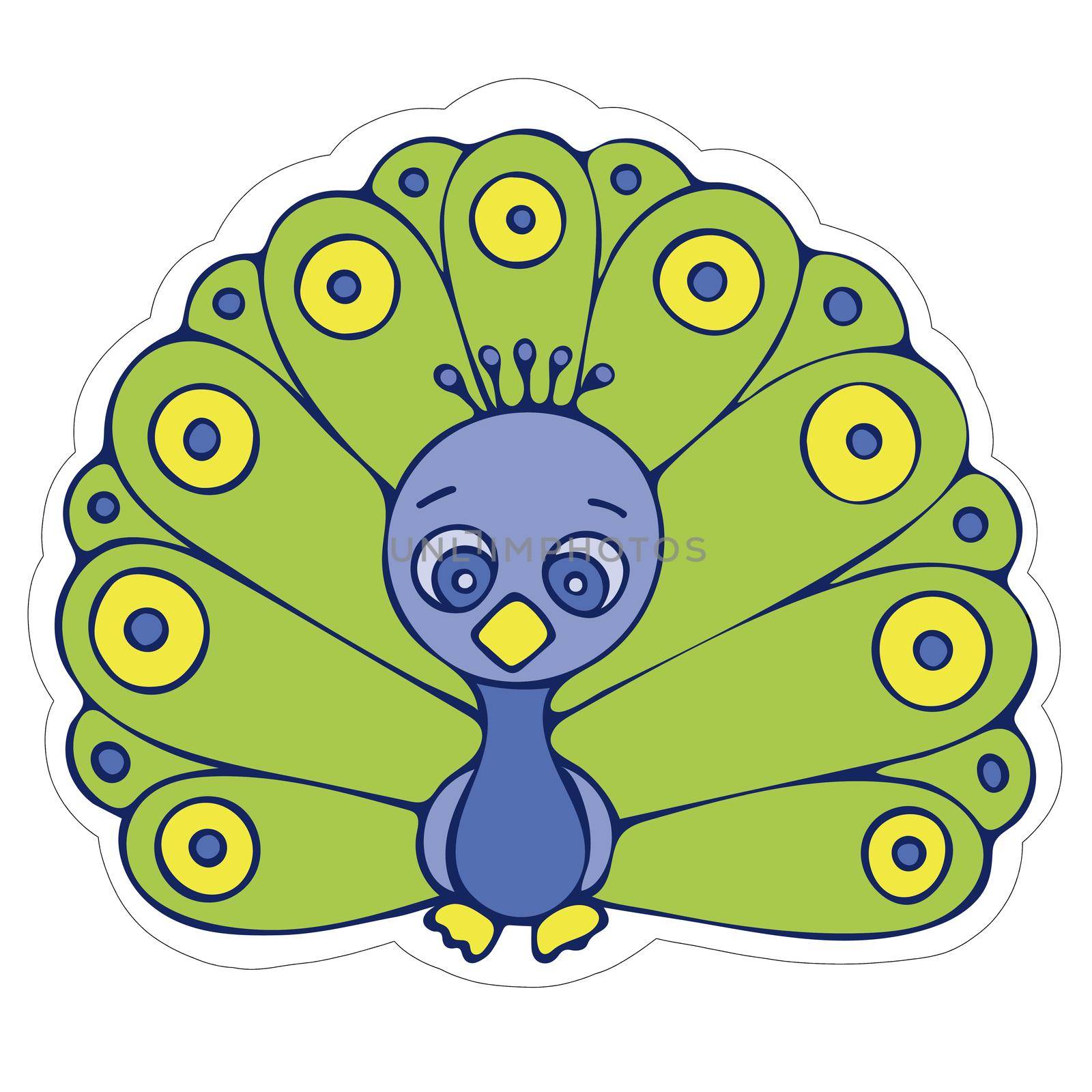 Hand-drawn Cute Peacock with Honey Sticker. Isolated Peacock on White Background.