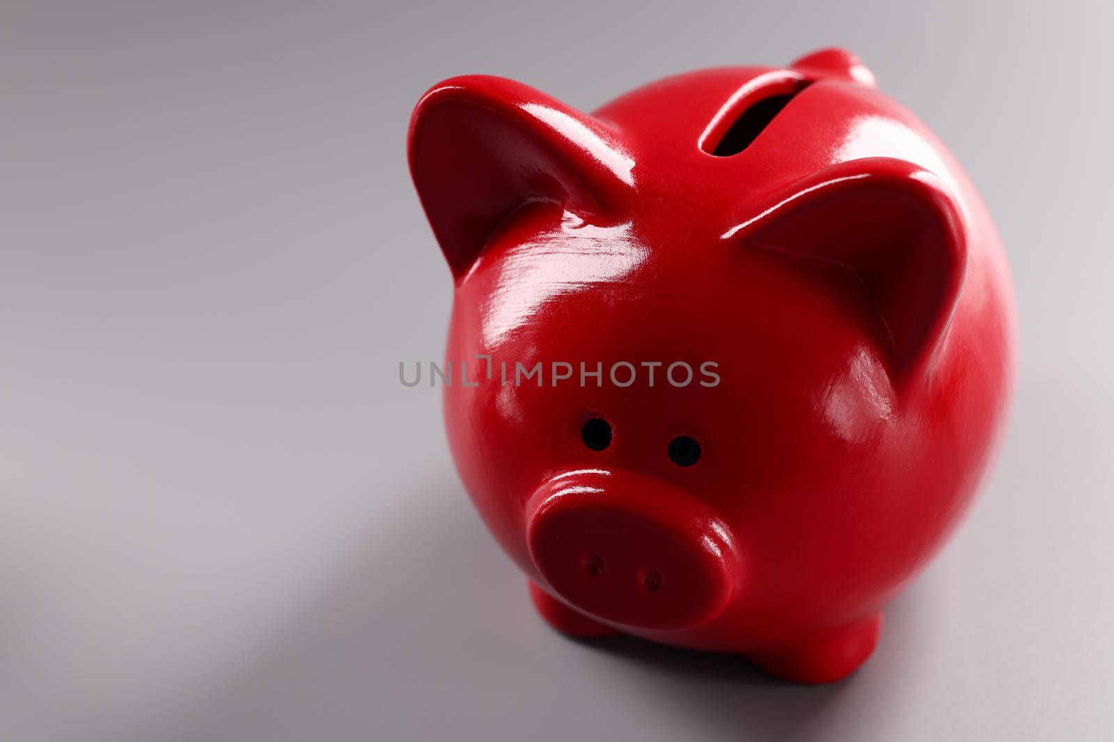 Red piggy bank standing on gray background closeup by kuprevich