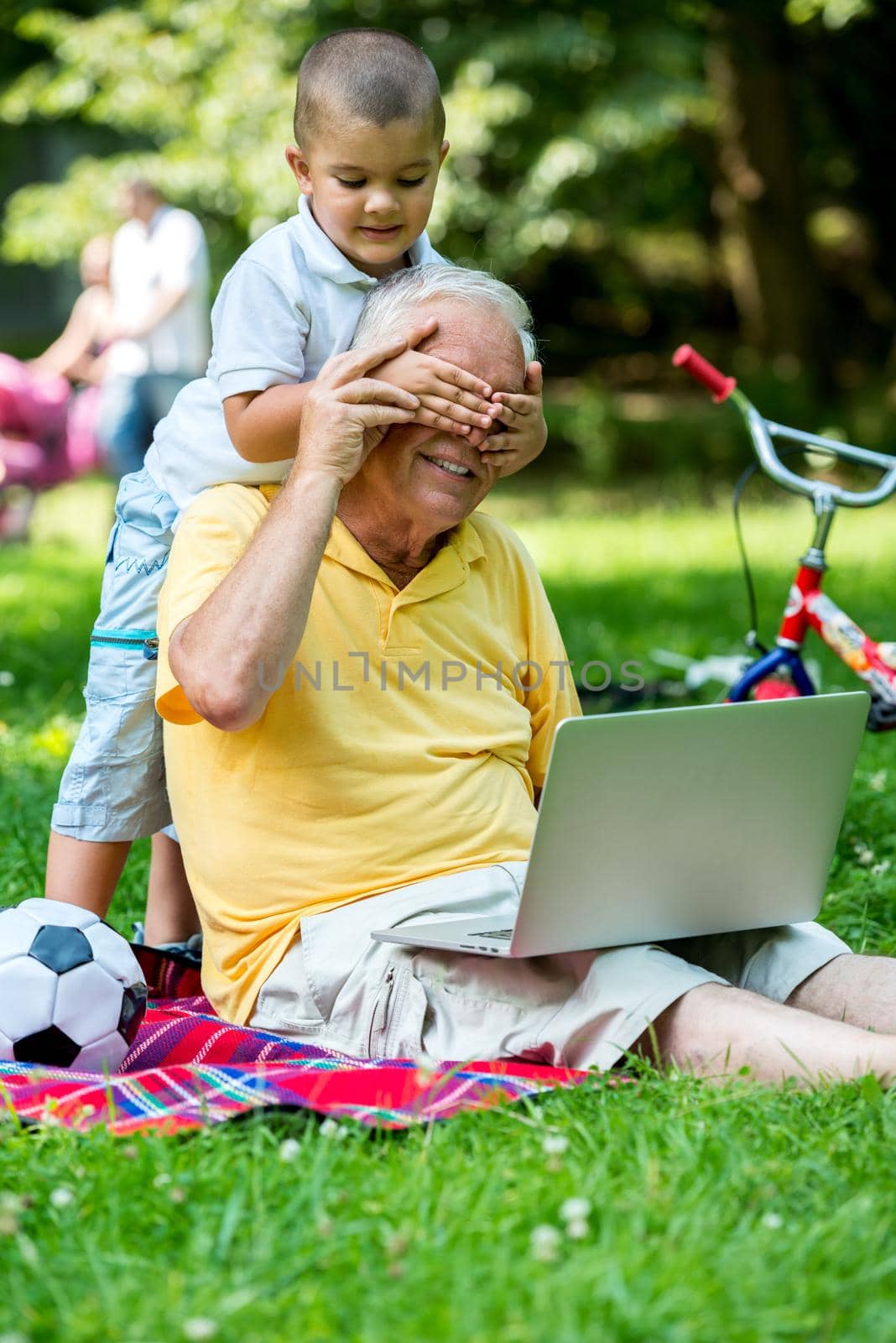 happy elderly senior grandfather and child in park using laptop computer