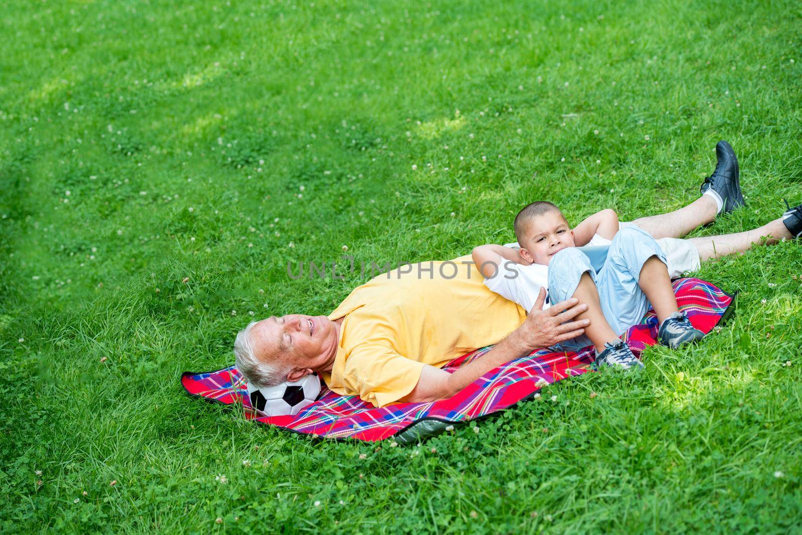 grandfather and child using tablet computer in park