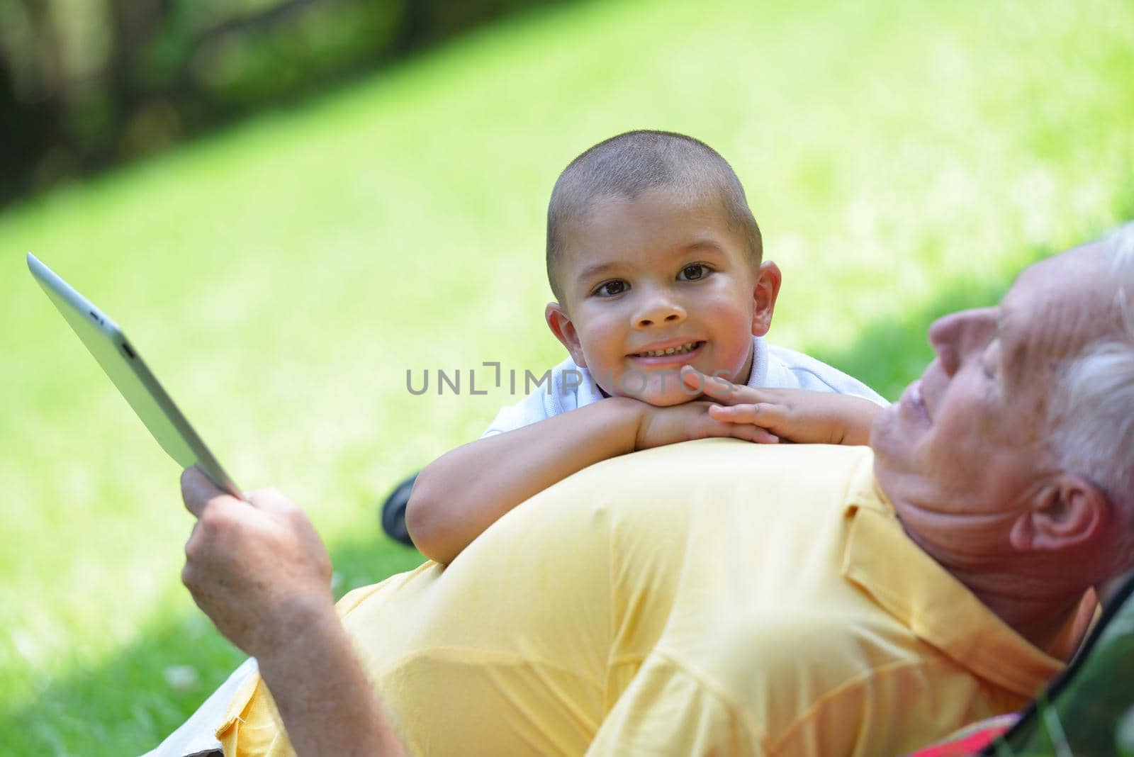 grandfather and child in park using tablet computer