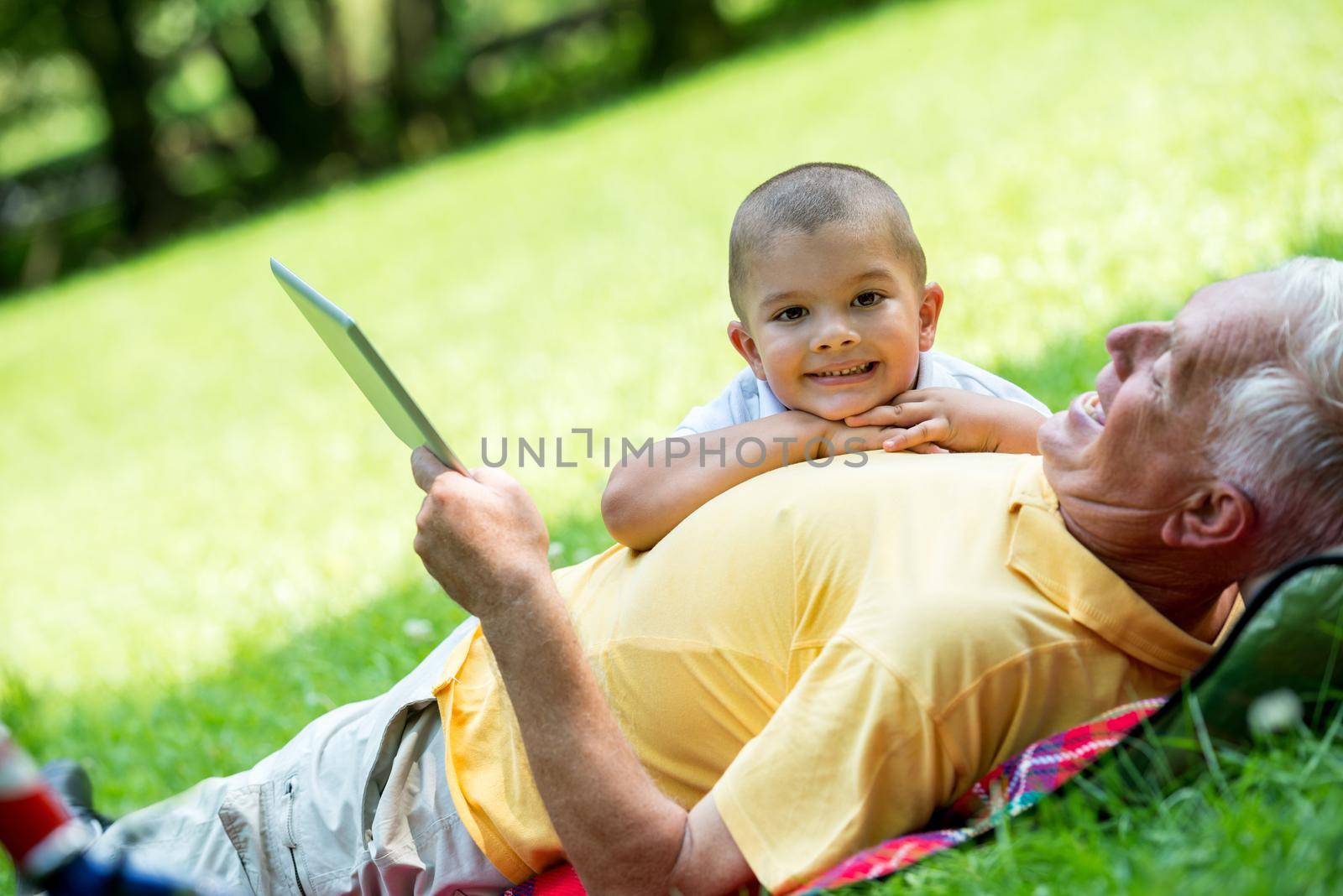 grandfather and child using tablet computer in park