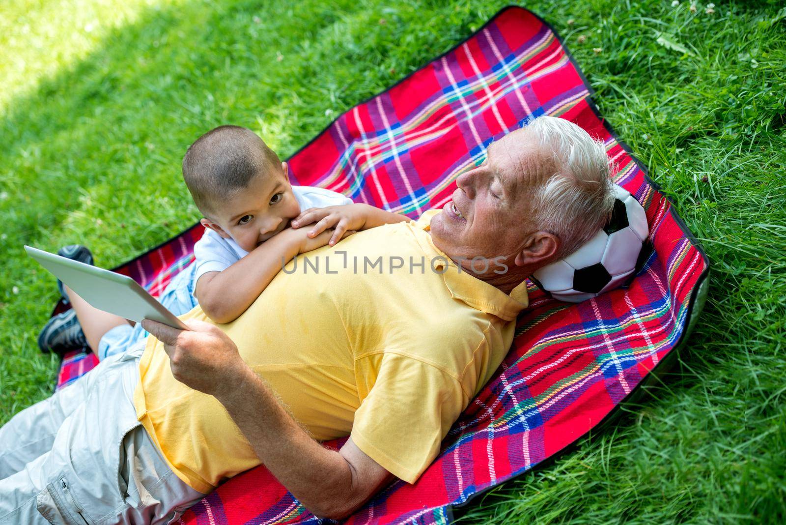 grandfather and child using tablet computer in park