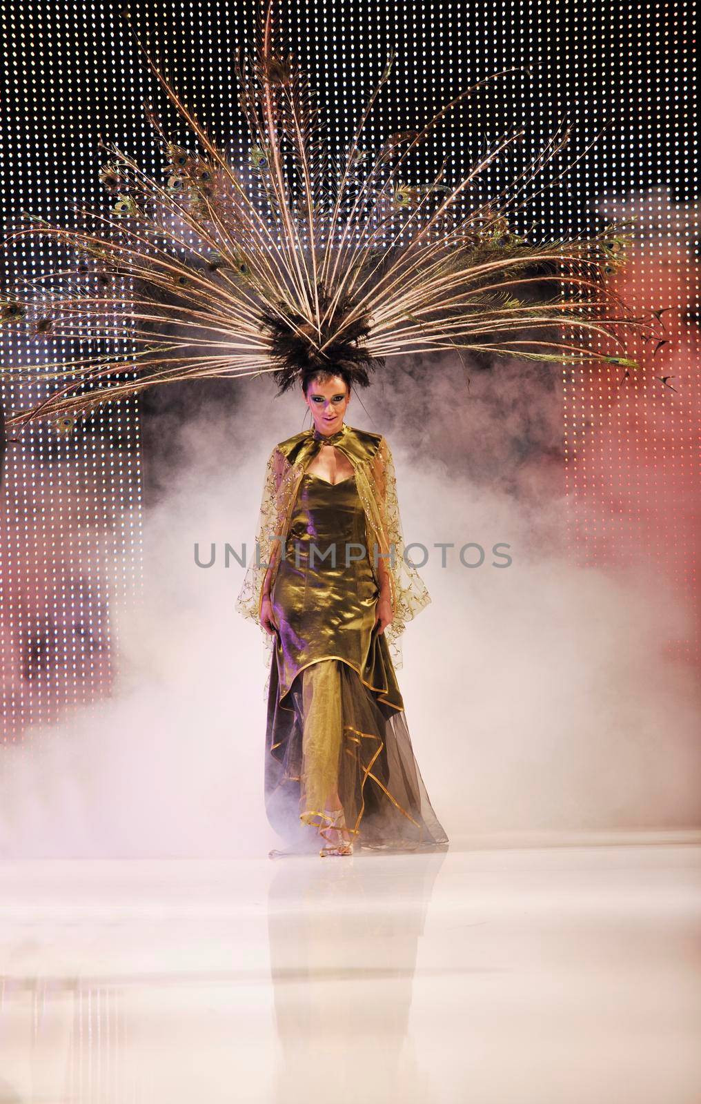 fashion show catwalk with beautiful young  woman in elegant and luxury dress with bird  peacock feather decoration