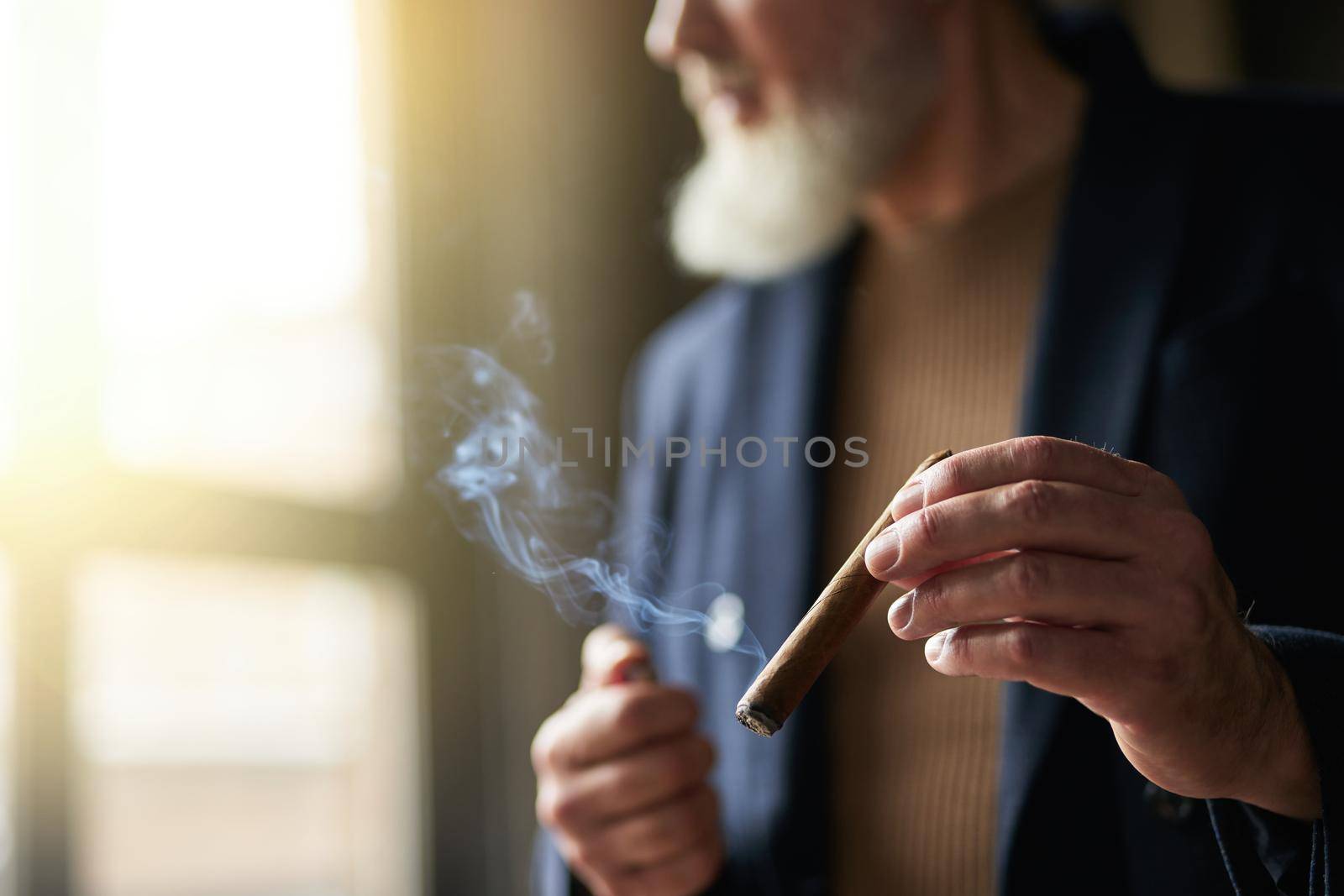 Close up shot of hands of elegant bearded mature man holding cigar while standing indoors. Lifestyle, success, people concept. Selective focus
