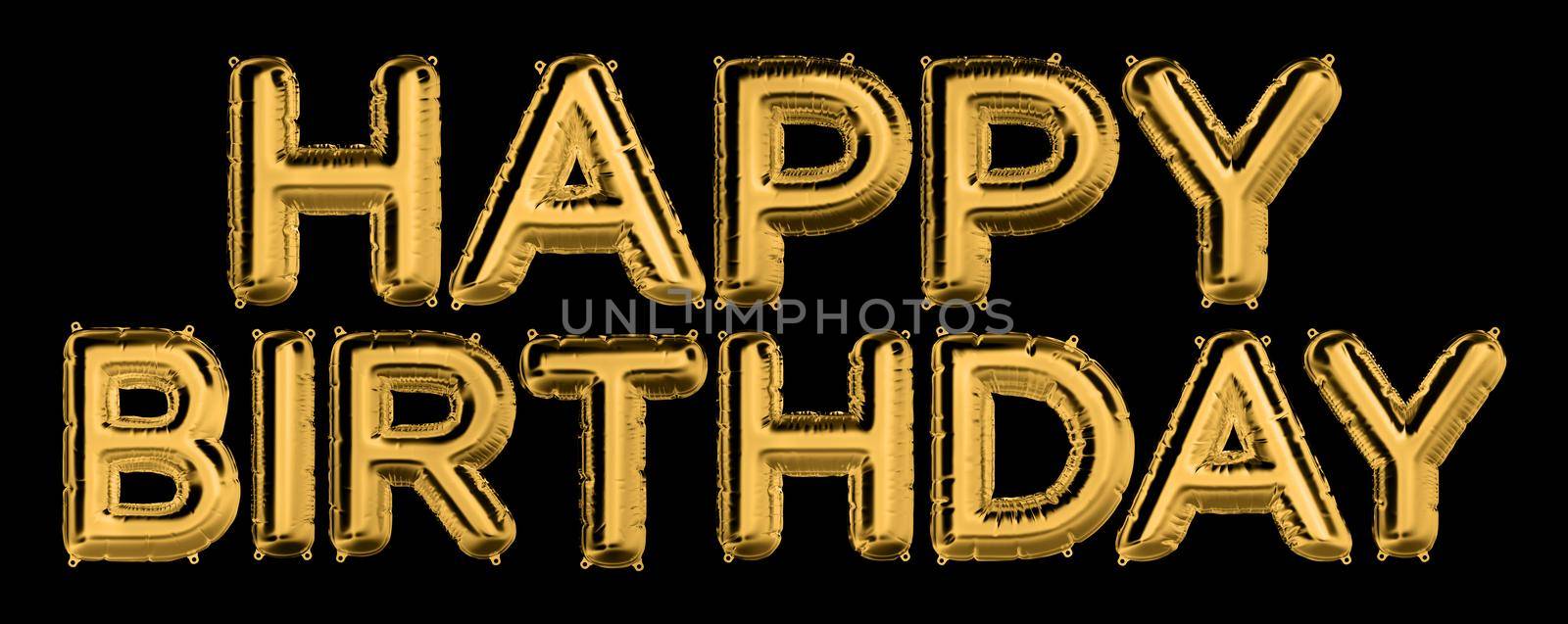 3D Render of Golden inflatable foil balloons set. Bright party decoration figures. Happy Birthday. Beautiful letters for web design or cards on festive dark background. B-day celebration concept