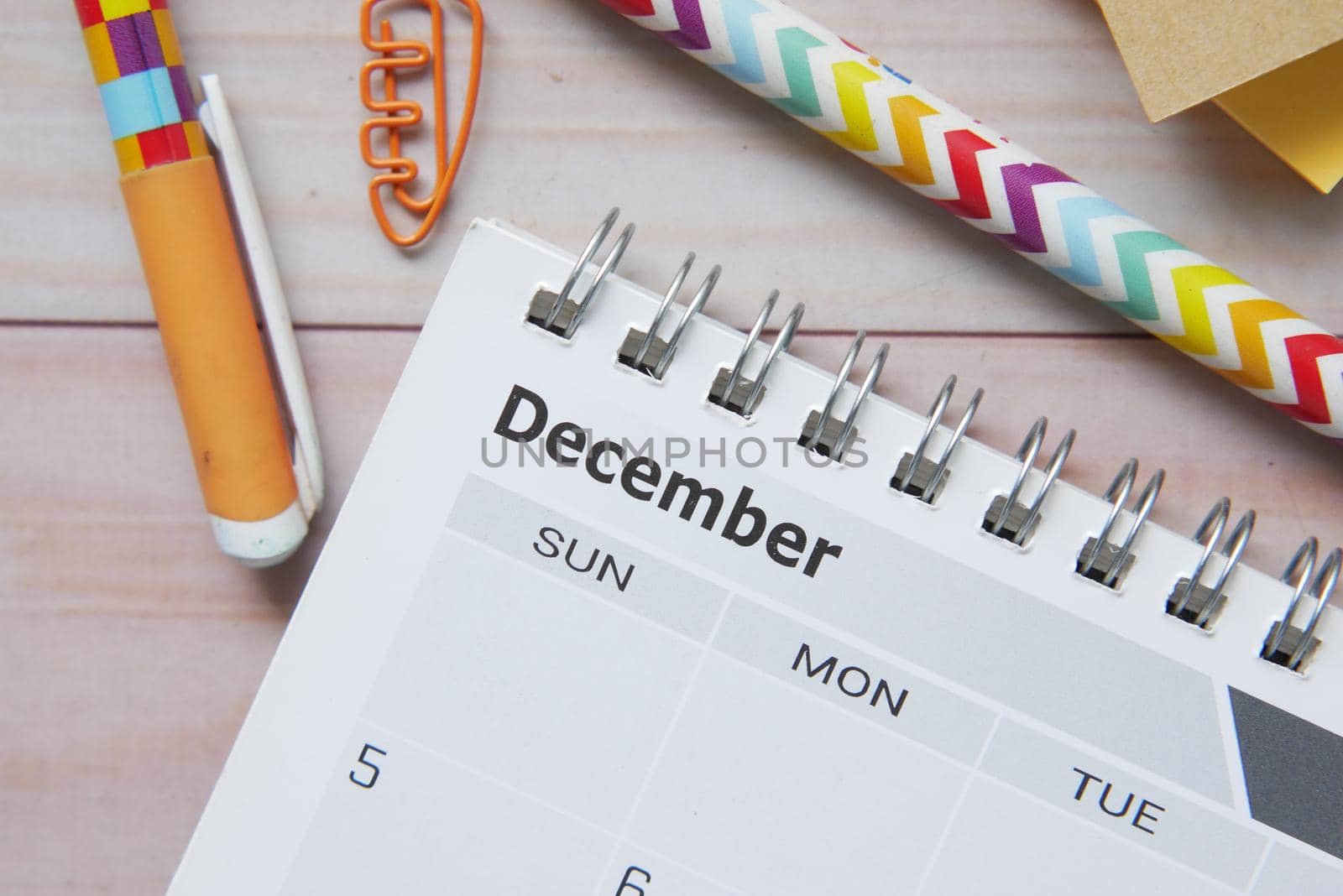 detail shot of a calendar on table,.