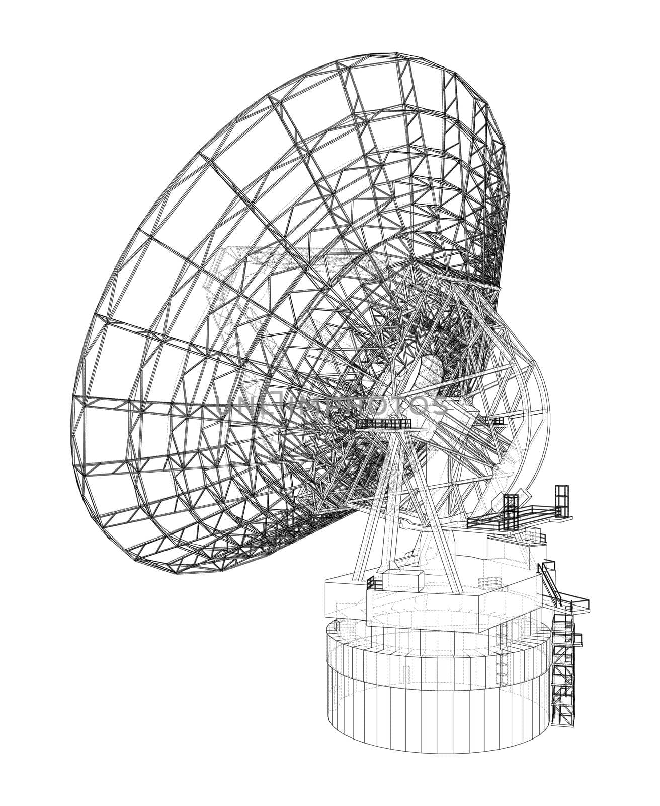 Radio Telescope concept outline. 3d illustration. Wire-frame style