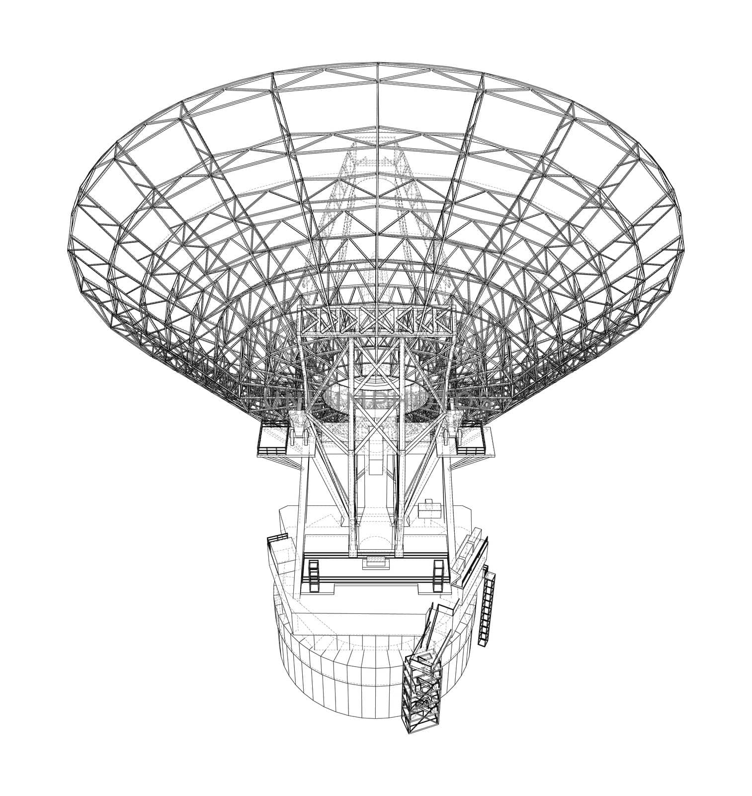 Radio Telescope concept outline. 3d illustration. Wire-frame style