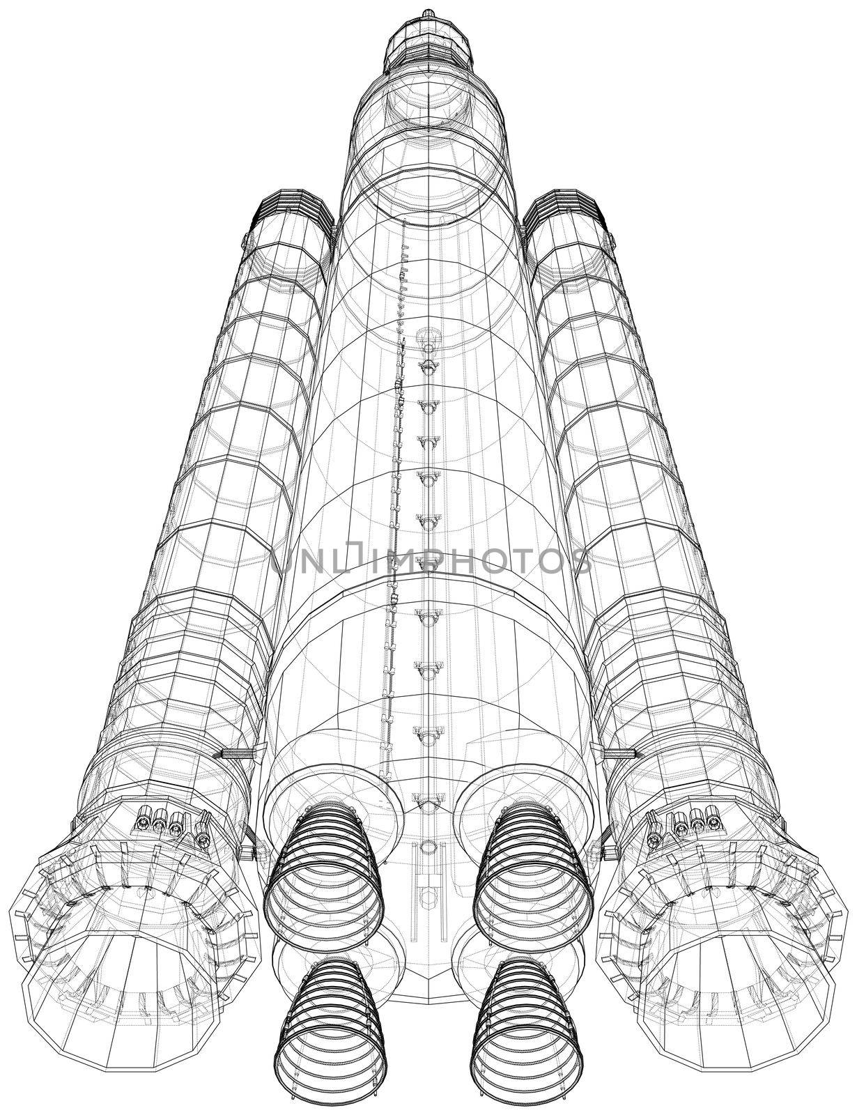 Space rocket concept outline. 3d illustration. Wire-frame style