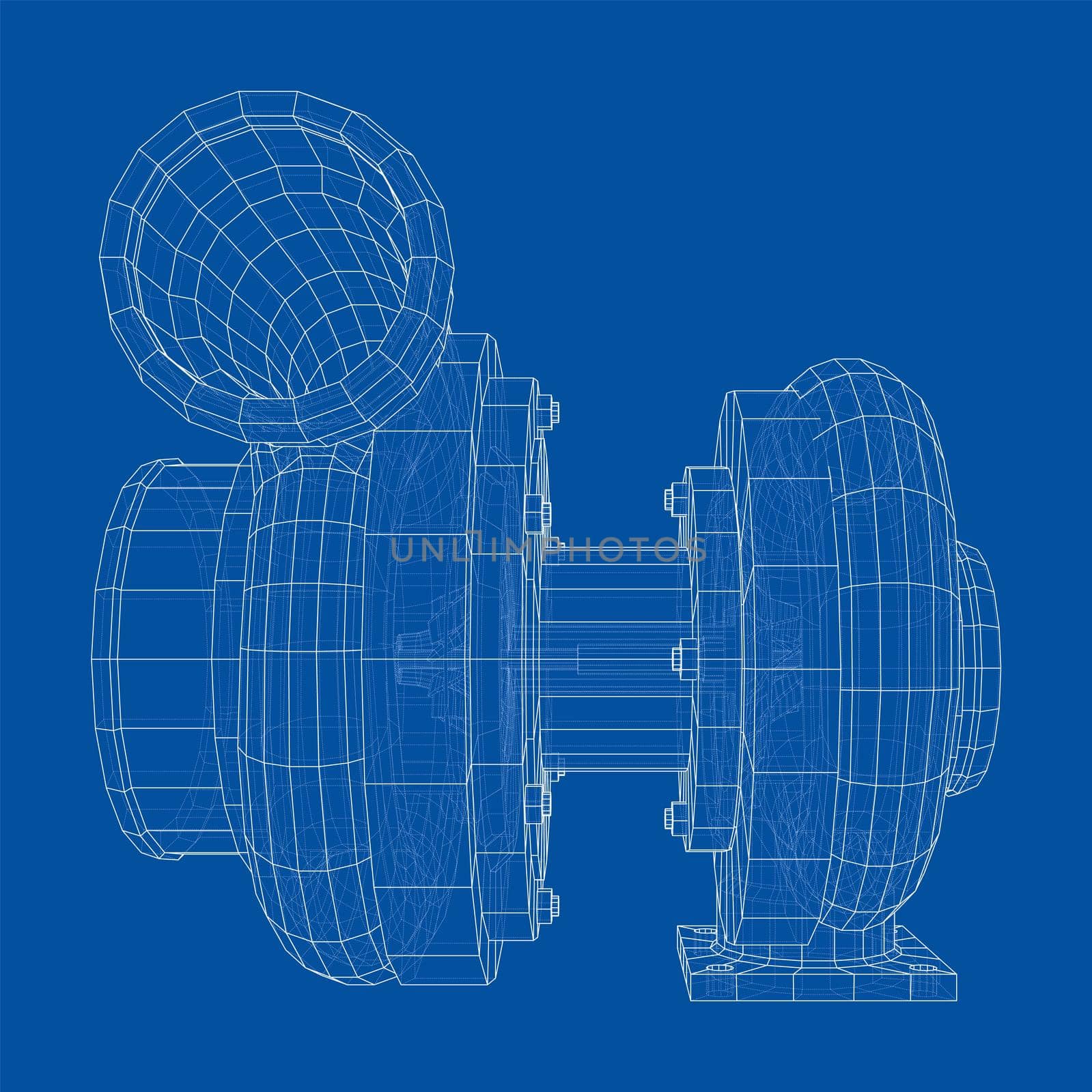 Automobile turbocharger concept outline. 3d illustration. Wire-frame style