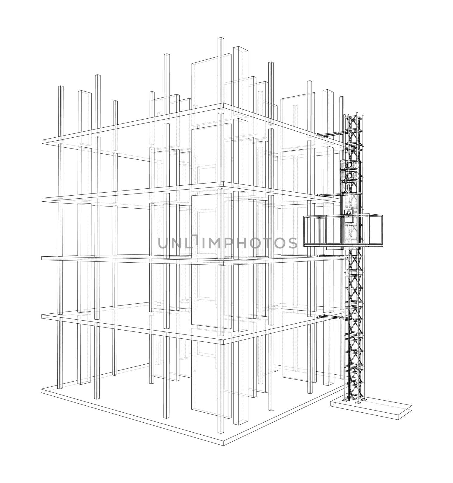 Building under construction with a mast lifts outline. 3d illustration