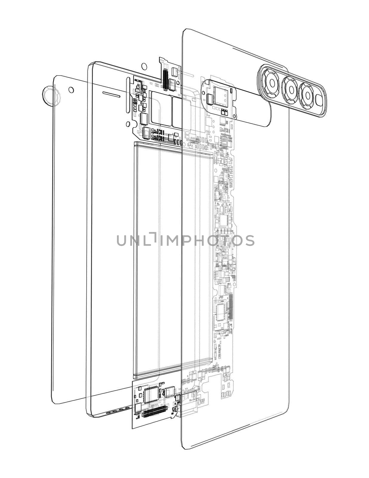 Disassembled smartphone concept outline. 3d illustration. Wire-frame style