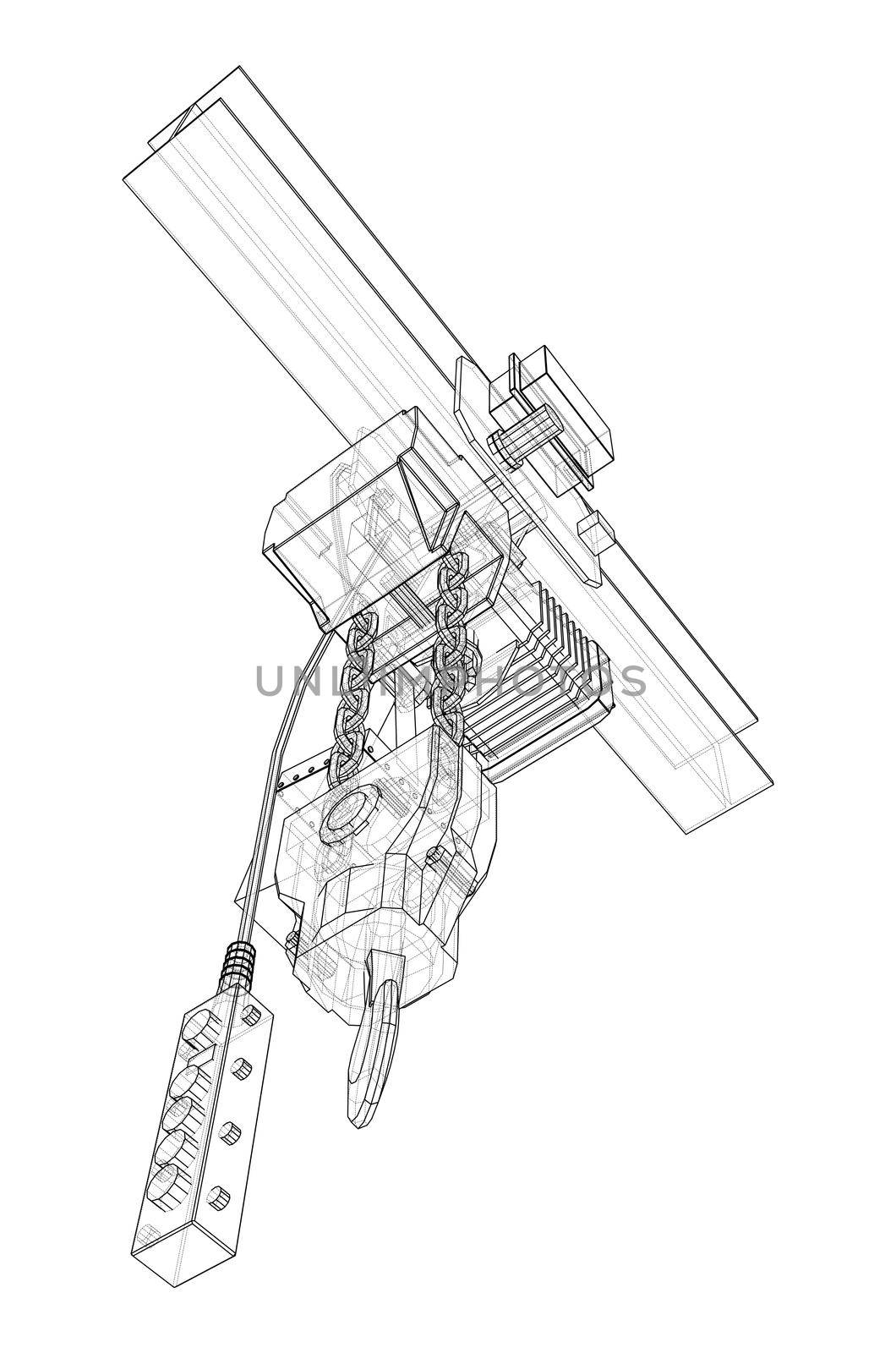 Winch or lifting machine concept outline. 3d illustration. Wire-frame style