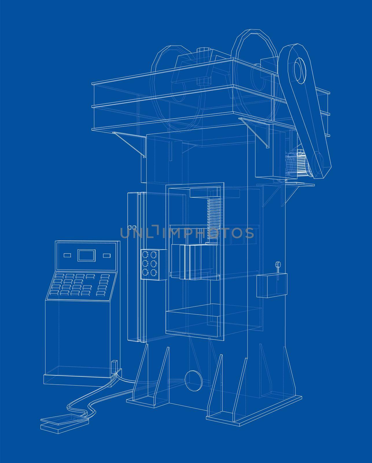 Friction screw press concept outline. 3d illustration. Wire-frame style