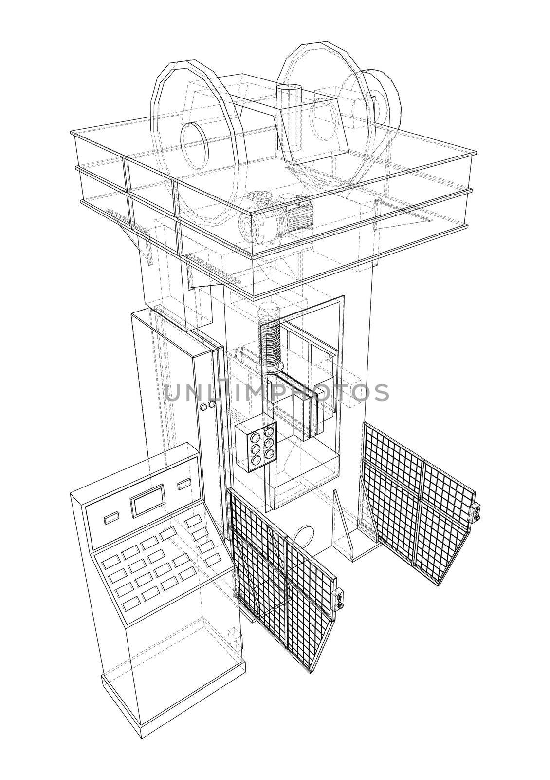 Hydraulic Press. 3d illustration. Wire-frame or blueprint style