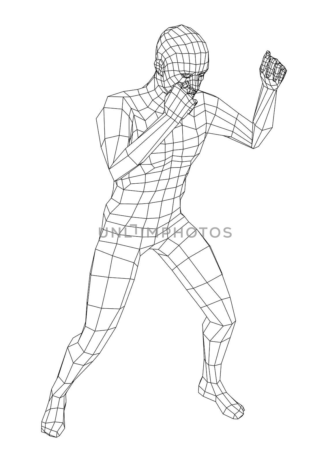 Wireframe boxing man. 3d illustration by cherezoff
