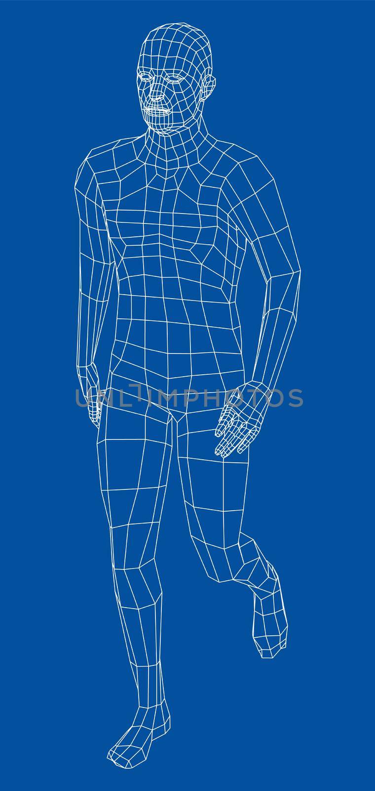 Wireframe walking man. 3d illustration. Man in walking pose